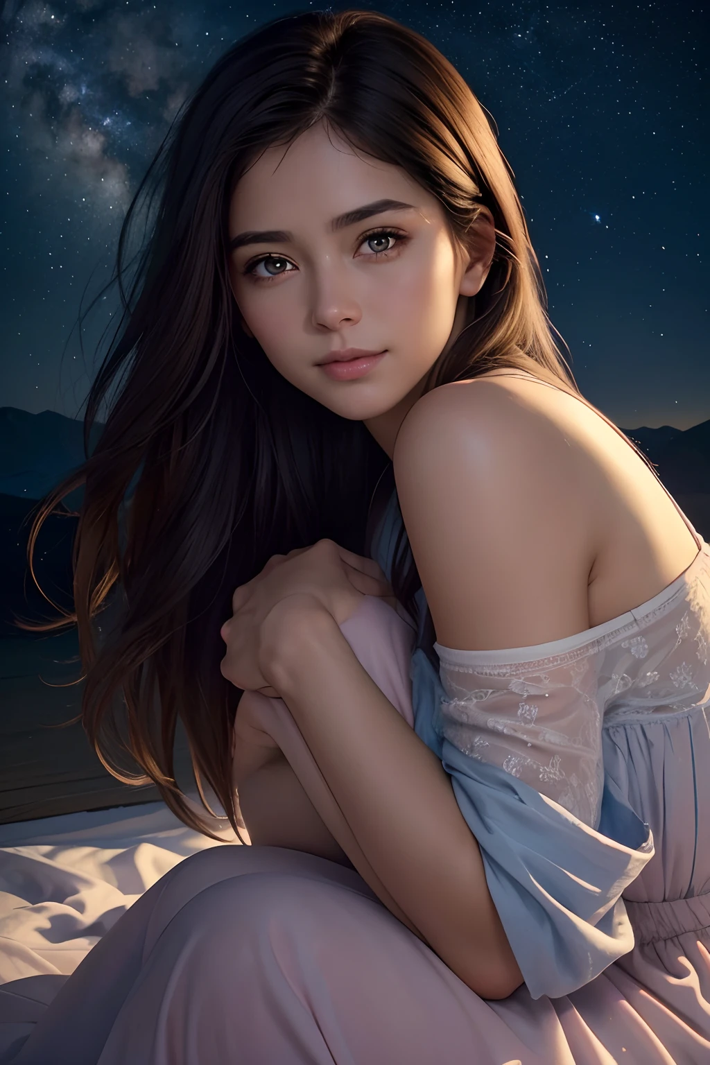 (best quality,4k,8k,highres,masterpiece:1.2),ultra-detailed,(realistic,photorealistic,photo-realistic:1.37),strong young adult female, dark brown hair, amber eyes,going through hard phase in life,emotional turmoil,cuddled by viewer,grateful to have viewer with her; looking into viewer's eyes,loves viewer deeply,illustration,soft painted look,vivid colors,gentle lighting,deep blue color palette,pink hues,fragile appearance,teary eyes,struggling with inner demons,sturdy posture,beautiful long hair,comforting embrace,genuine smile,genuine connection,subtle background elements,soft surroundings,carefully crafted details,delicate facial features,touch of tenderness in viewer's expression,warm and comforting atmosphere,star studded night sky with milky way,subtle shadows,gentle touch,gentle gestures,supportive presence,striving for inner strength,overcoming obstacles,hopeful future,reflection of resilience and determination,stunning level of emotional depth and expression