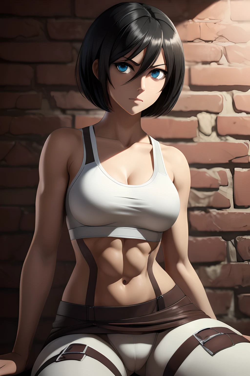 mikasa ackerman, Attack on Titan character, black messy short hair with long bangs, Beautiful cute face, Charming, sexy facial expression, Sexy squint, Facing the camera, ((Skin color: white)), Body glare, ((Beautiful Female Eyes)), Cyan eyes, ((Perfect Sexy Figure)), Ideal body shapes, Slightly pumped abs, big thighs, ((Subtle and beautiful)), sexy sitting full-length, ((sexy clothes: ((Brown)) Leggings and white sports bra)), background: Dark Room Yellow Brick Walls, Depth of field, ((ultra quality)), ((tmasterpiece)), ((clear image)), ((crisp details)), ((Realistic)), ((Professional Photo Session)), ((Clear Focus)), the anime, Colorfully drawn, NSFW