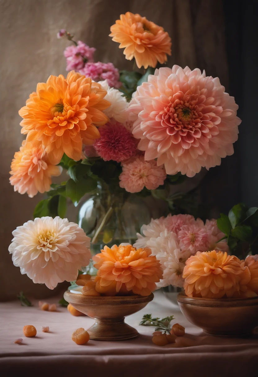 There is a vase on the table,It is topped with flowers and oranges, a pastel inspired by François Boquet, unsplash, baroque, Magnificent composition, dahlia flower, paper chrysanthemums, floating bouquets, Magical flowers, realistic flowers oil painting, soft and intricate, glorious composition, the platonic ideal of flowers, Beautiful composition, Still life photography, pink yellow flowers
