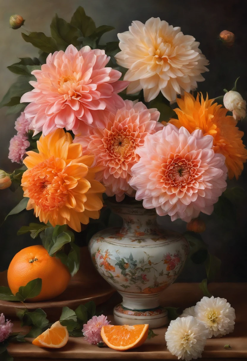 There is a vase on the table，It is topped with flowers and oranges, a pastel inspired by François Boquet, unsplash, baroque, Magnificent composition, dahlia flower, paper chrysanthemums, floating bouquets, Magical flowers, realistic flowers oil painting, soft and intricate, glorious composition, the platonic ideal of flowers, Beautiful composition, Still life photography, pink yellow flowers