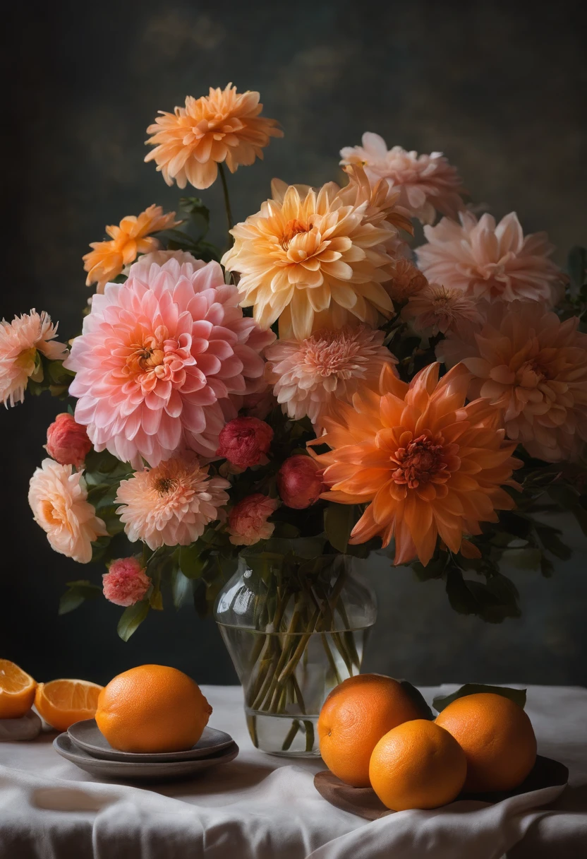 There is a vase on the table,It is topped with flowers and oranges, a pastel inspired by François Boquet, unsplash, baroque, Magnificent composition, dahlia flower, paper chrysanthemums, floating bouquets, Magical flowers, realistic flowers oil painting, soft and intricate, glorious composition, the platonic ideal of flowers, Beautiful composition, Still life photography, pink yellow flowers