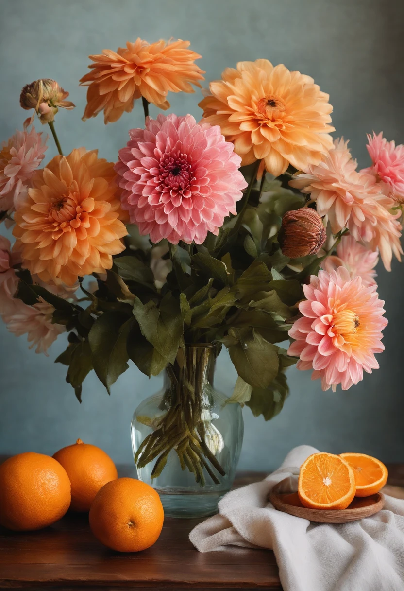 There is a vase on the table,It is topped with flowers and oranges, a pastel inspired by François Boquet, unsplash, baroque, Magnificent composition, dahlia flower, paper chrysanthemums, floating bouquets, Magical flowers, realistic flowers oil painting, soft and intricate, glorious composition, the platonic ideal of flowers, Beautiful composition, Still life photography, pink yellow flowers