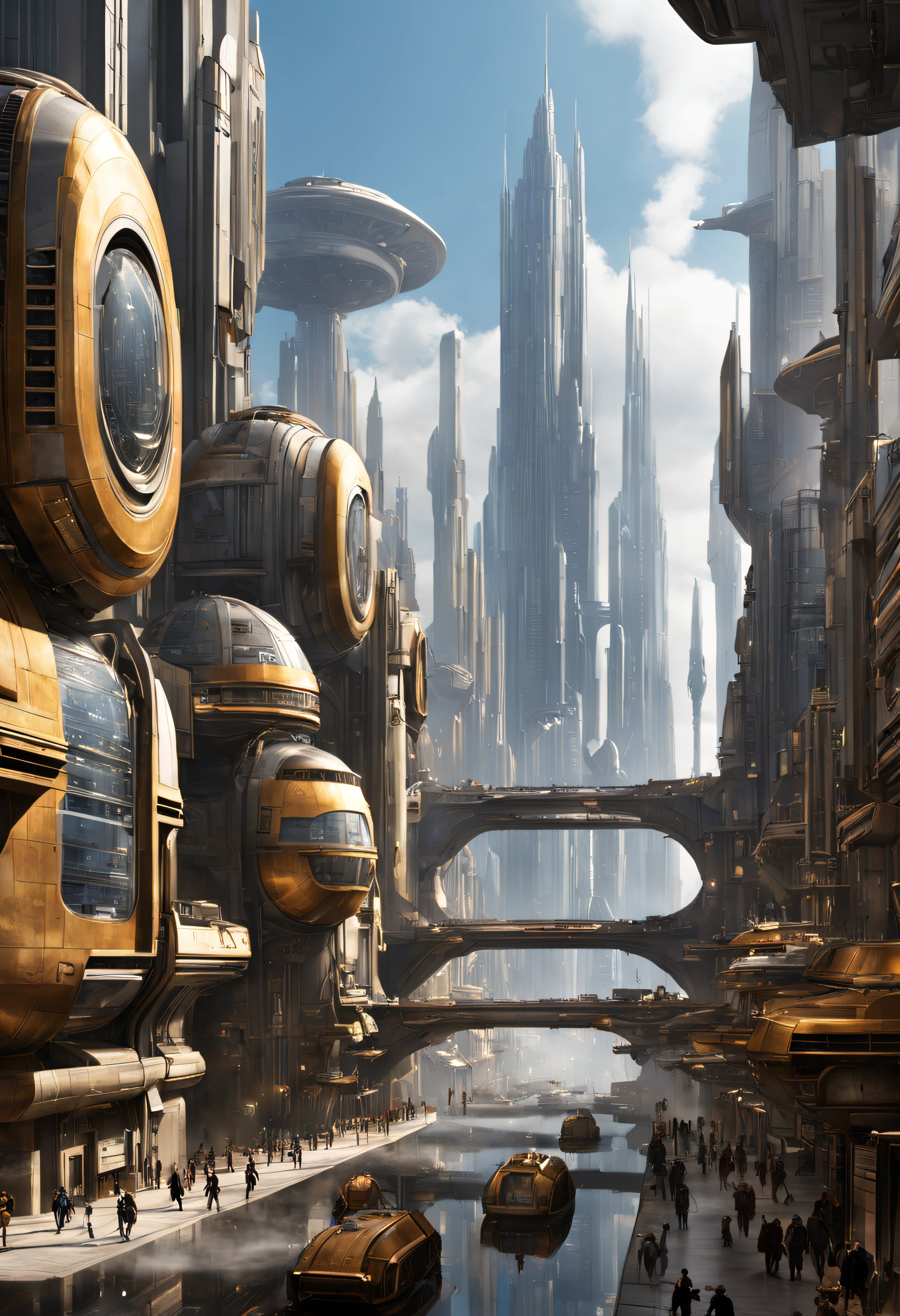 The city of Coruscant from Star Wars as designed by Doug Chiang, futuristic fantasy city with immense buildings of technological design (que forman una avenida infinita), edificios compactor no difuminados, con estructuras acristaladas en plata, oro y bronce espectaculares, (con colores vivos). pavimento ensolado (sin brillo). gente paseando. imagen bien definida con muchos edificios juntos. imagen nitida bien definida 8k. los edificios llegan alta el fondo.,8k. imagen cinematografica. iluminacion hora dorada. calidad superior.