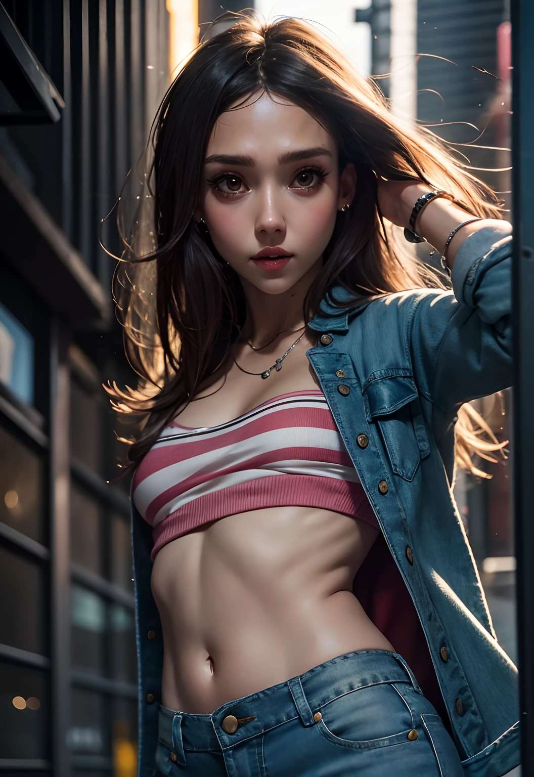 Natalie portman、Sticking out the navel、newyork、She wears a torn Spider-Man suit,wearing skirt、 Red and black color scheme,Dynamic、masterpiece、top-quality、ultra-detailliert、ighly detailed、beautiful detailed brilliance、超A high resolution