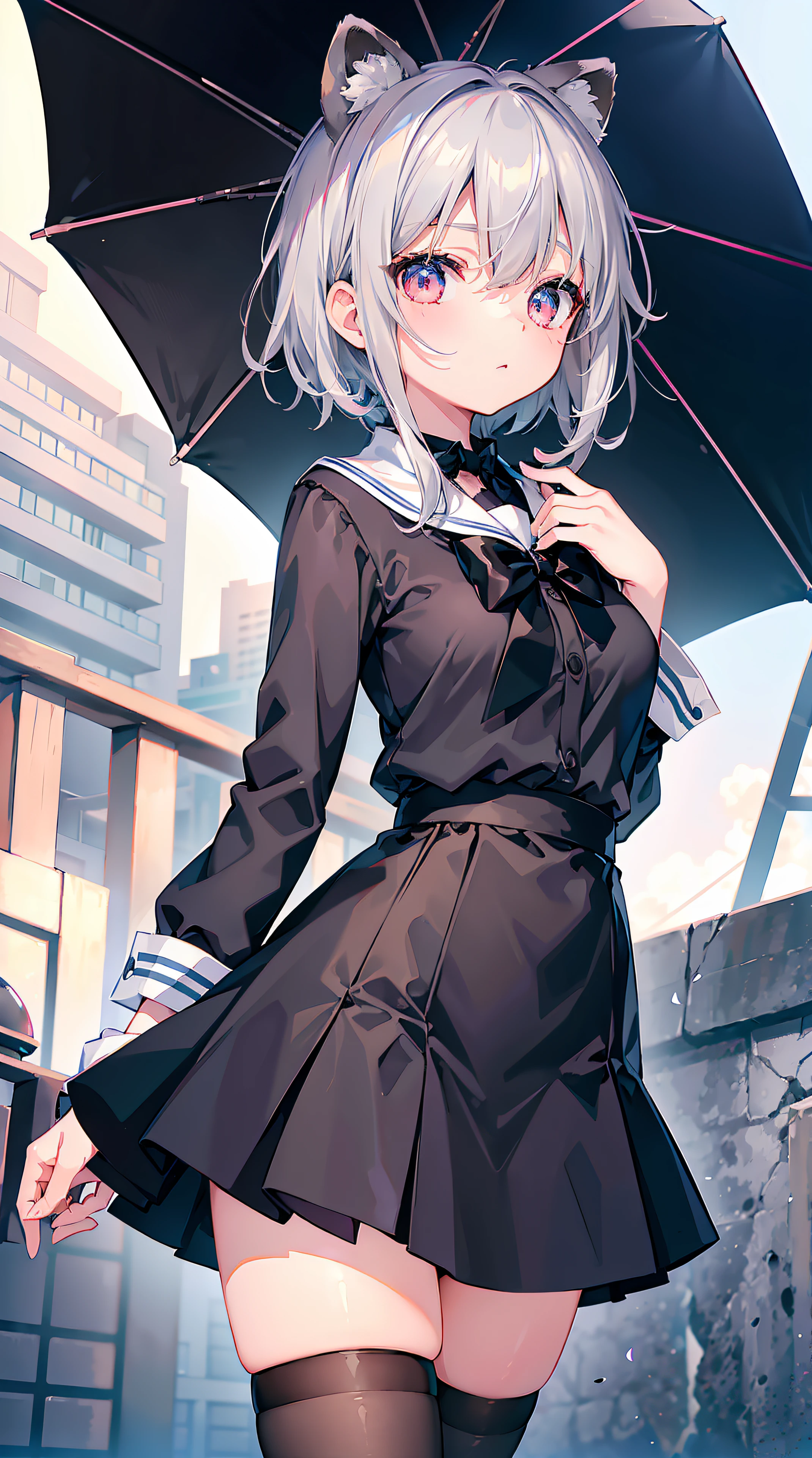 virtual youtuber,murasaki shion,orange eyes,forehead,blunt bangs,small breast,sidelock,black cat ear,single side right bun,light white purple hair,blown hair,long hair,wearing gothic lolita, idol, photorealistic, close shot, from below, legs, bound, flying sweatdrops, slender waist, ambiguous gender, colored inner long hair, wavy silver hair, white and silver hair, Silky hair, embarrassed, lavender eyes, small breast, thighs, peach pink pupils, extremely detailed lace, feather headdress, silk shawl, sleeveless dress, puffy sleeves, Garter, high heels, strapless, complex pattern cloth, aqua Clothes, raining, extremely detailed, wallpaper 8k CG, hyper quality,