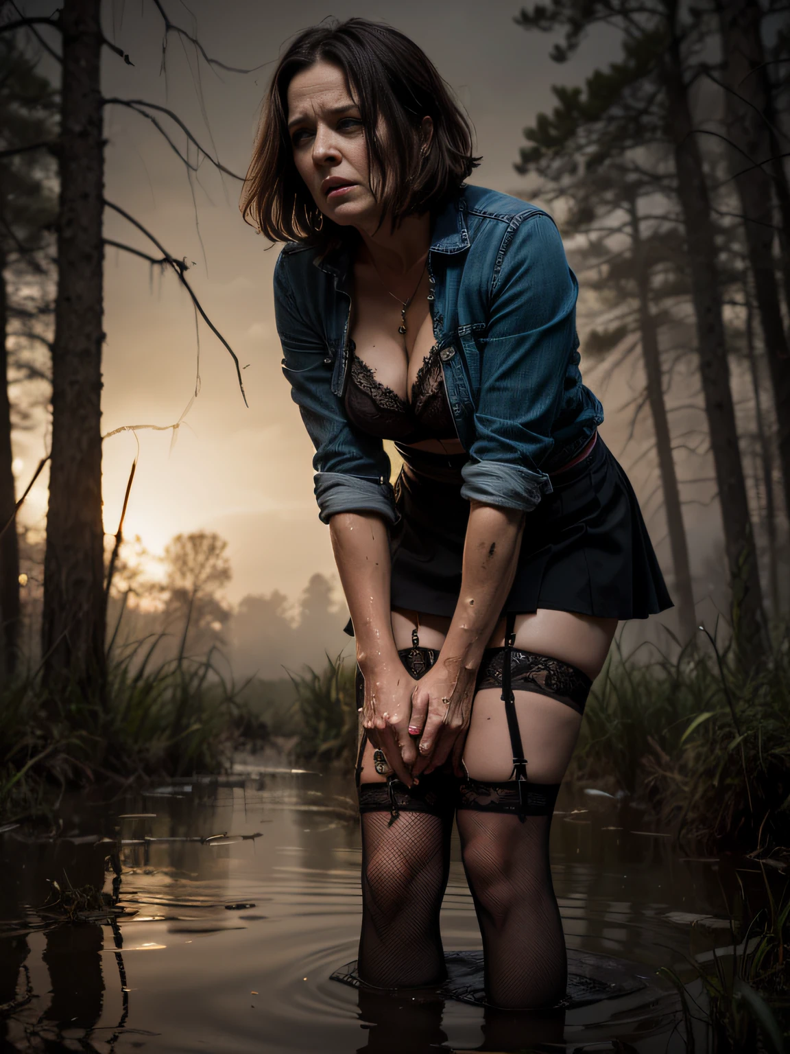 (Best Quality,hight resolution:1.2),Mature Terrorized Woman,,wrinkles,Bob haircut,(jeans skirt:1.05),lace blouse,(lace stockings with garters), standingn, ( drowning in a swamp:1.2),expression of despair,Dark and moody lighting, terror. The pose expresses a somber ecstasy,