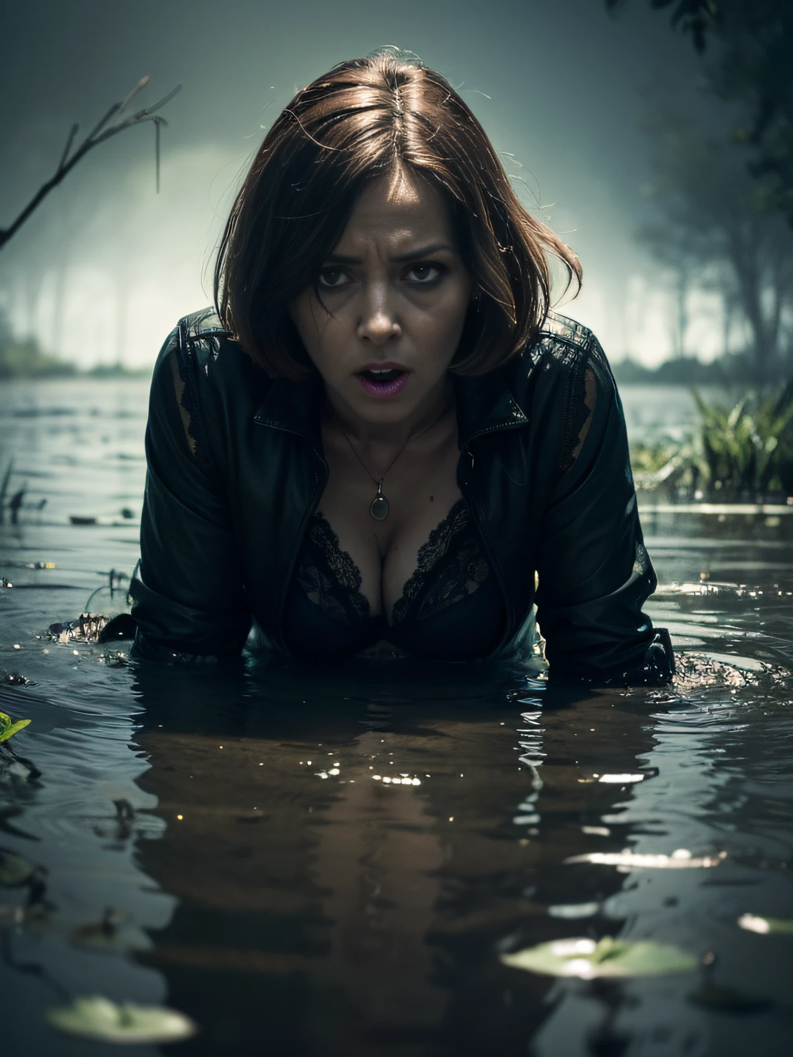 (Best Quality,hight resolution:1.2),Mature Terrorized Woman,,wrinkles,Bob haircut,(jeans skirt:1.05),lace blouse,(lace stockings with garters), standingn, ( drowning in a swamp:1.2),expression of despair,Dark and moody lighting, terror. The pose expresses a somber ecstasy,