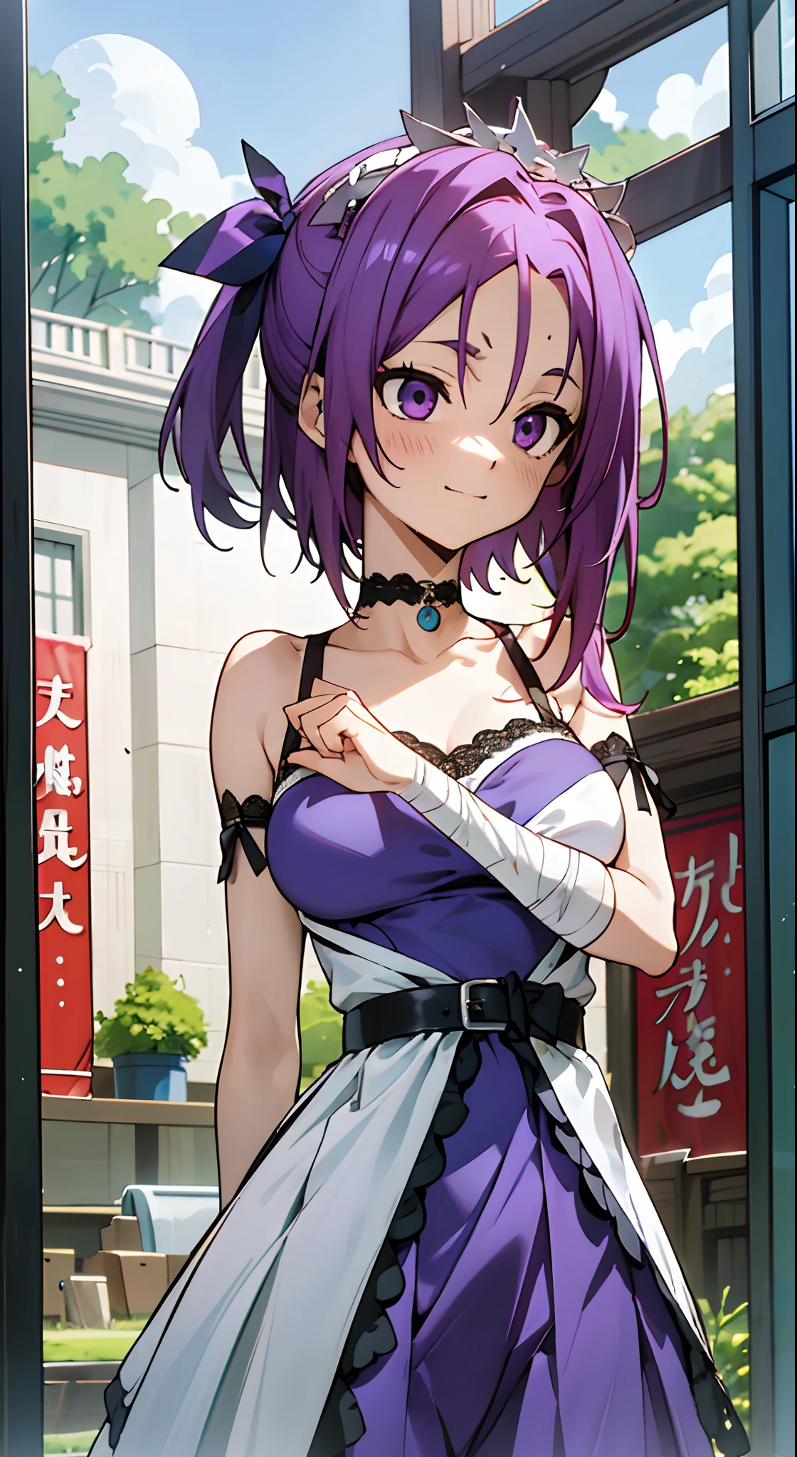 masutepiece, Best Quality, Ultra-detailed, Arm bandage, Bandage arm, Bandaged hand, Colorful,Up-close, Hyper-detailing,purple color hair, , Ultra-realistic hair quality, Vibrant colors, Beautiful long hair, shoulder-length hair, Shiny hair, detailed hairs, Hair Ribbon, Single-sided up, bow ribbon, Reo Mikage, Blue Lock, no sleeves, Sleeveless, Open shoulders, Cinderella, Panniers and Cinderella, Cinderella Dresses, Lace dress, long-one-piece dress, White tights and leggings, leggins, Lace Tights, Bare legged, Sandals, Brown sandals, gladiator sandals, Chest exposure, Lace underwear, Metamorphosis is exposed, Choker, Black Choker, complete fingers, Five Fingers, Two arms, Two hands, Sexy breasts, Scar, Big breasts, red blush, 1girl in, Solo, Sharp face, Heterochromia, Green eyes, Purple eyes, Bare neck, Happy face, rays of sunshine, Brave Sky, shining sky, Village of Shanghai, Slums, chains