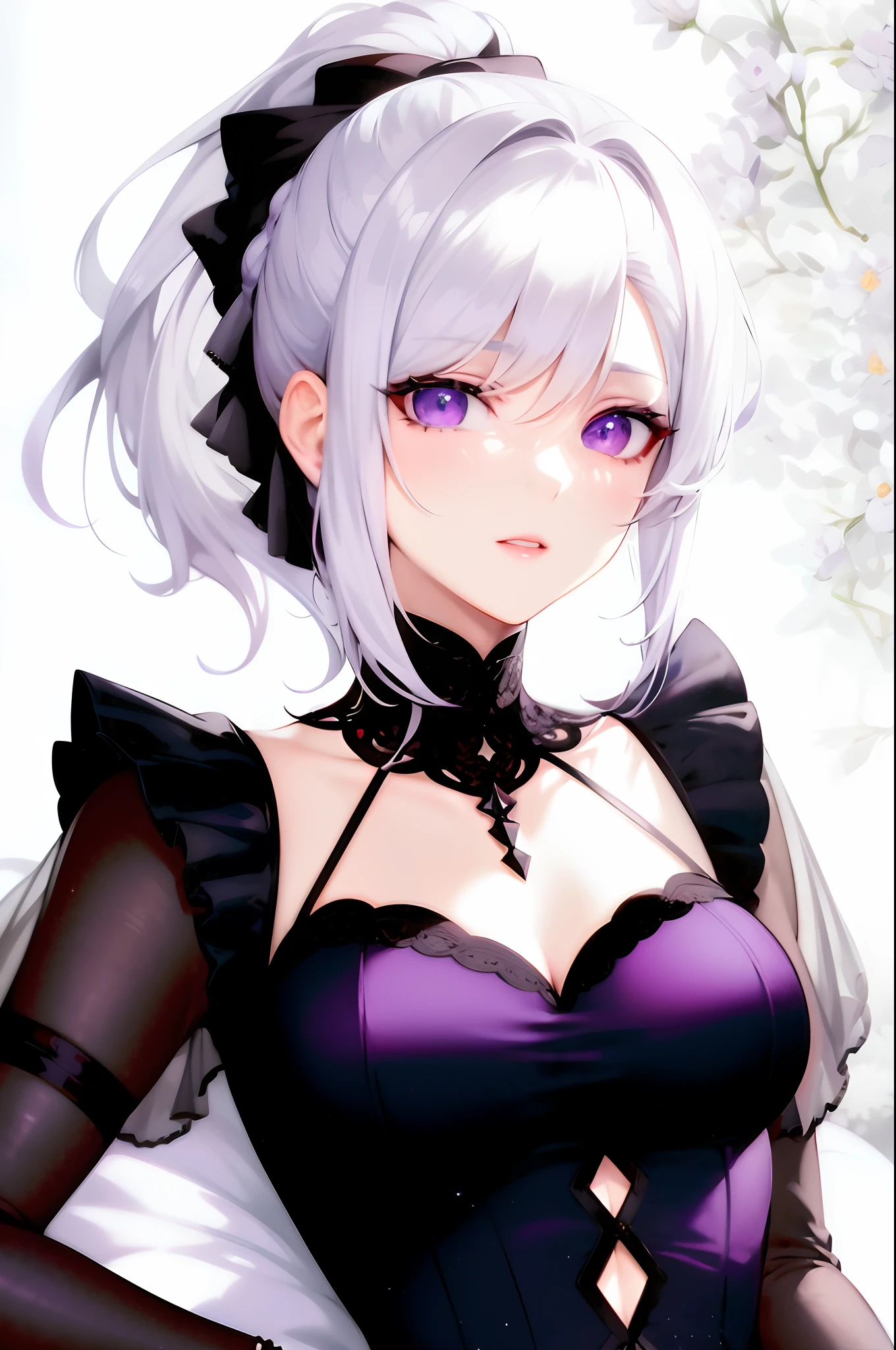 anime - style image of a woman in a purple corset and black stockings, perfect white haired girl, in dress, purple eyes and white dress, white haired lady, from girls frontline, white haired, beautiful anime portrait, beautiful anime woman, girl with white hair, white haired deity, anime girl wearing a black dress, fine details. girls frontline