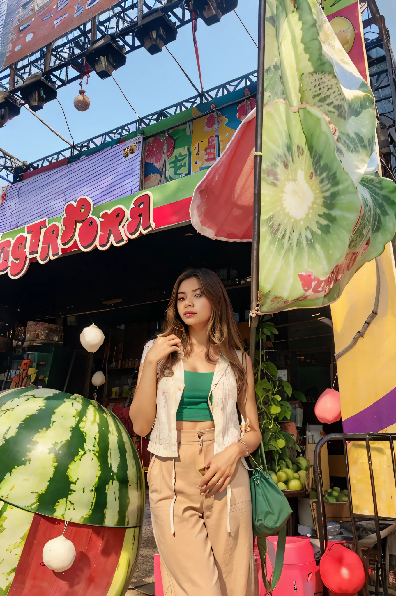 there is a woman standing in front of a large watermelon, inspired by Yosa Buson, wearing a melon, colored fruit stand, tzuyu from twice, material is!!! watermelon!!!, 💕 🎀, by Ignacio Zuloaga, by Olivia Peguero, 🐿🍸🍋, shot on nikon z9, 8k, super detailed, masterpiece