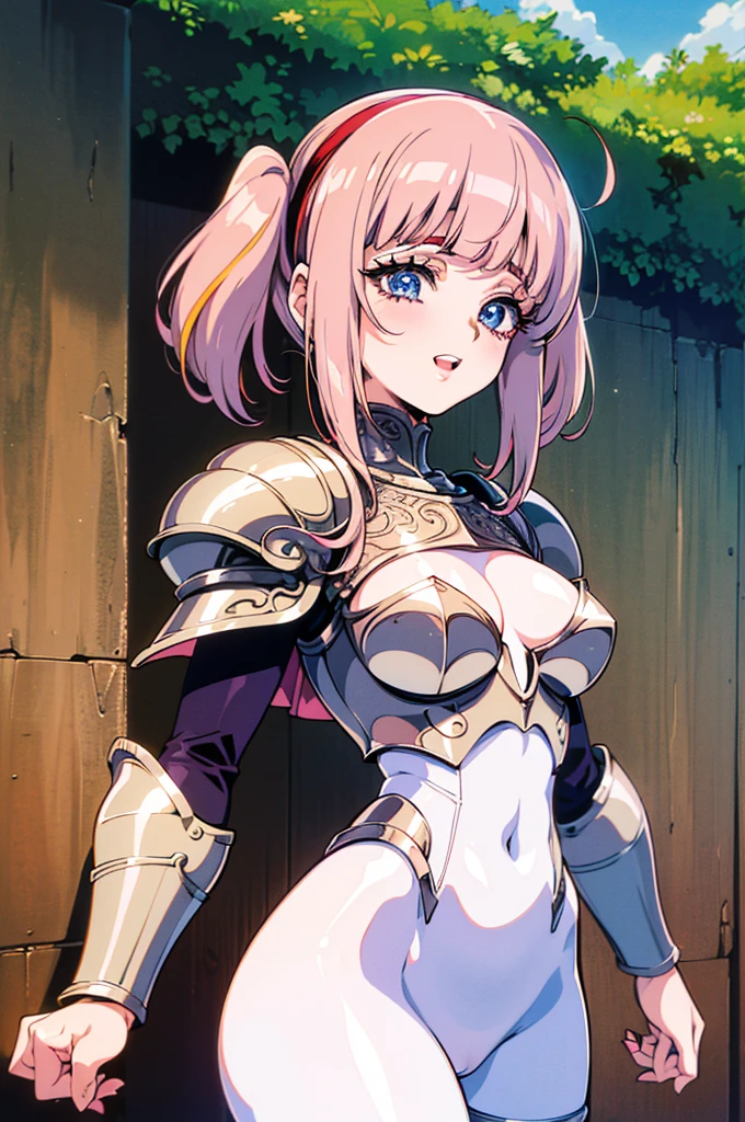 "(masterpiece:1.1), best quality,
1girl, (80s anime style:1.4), (eyelashes:1.5),
(intricate high detailed body:1.2),
pink hair,
(blunt bangs:1.1), (twintails:1.1), (headband:1.2),
blue eyes, (red lip stick, detailed pupils:1.1),
(pale skin:1.3), ( body:1.2), (medium breasts:1.1),
grin, open mouth,
(string body suit armor, cleavage cutout:1.2), (pantyhose:1.1),
(knight armor, armored boots:1.2), (belts:1.1), (streaked hair:1.2), neckwear,
standing,
(upper body, looking at viewer, from front:1.1),
(daytime, grassland, outdoors:1.1)"