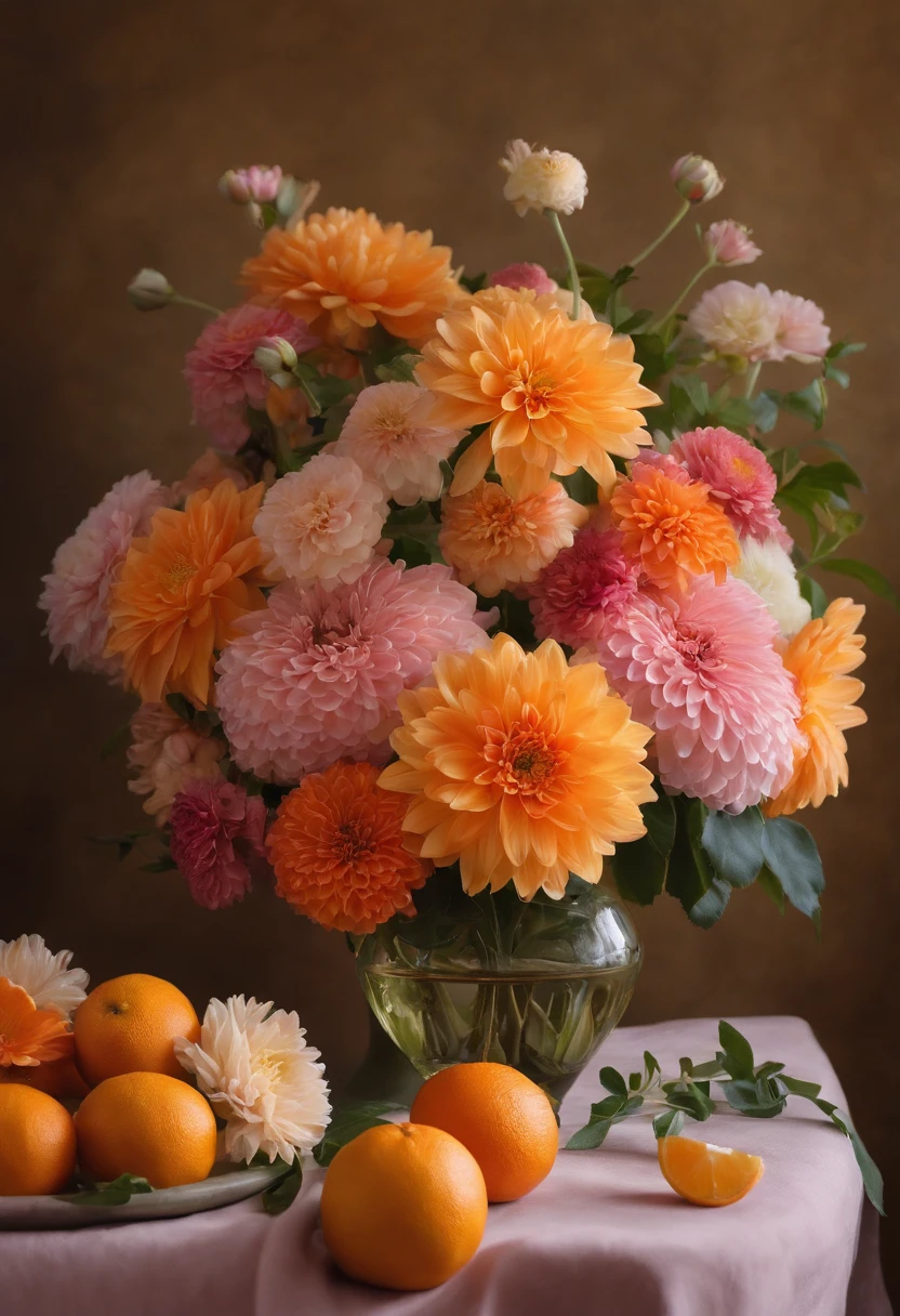 There is a vase on the table，It is covered with flowers and oranges, a pastel inspired by François Boquet, unsplash, baroque, Magnificent composition, dahlia flower, paper chrysanthemums, floating bouquets, Magical flowers, realistic flowers oil painting, soft and intricate, glorious composition, the platonic ideal of flowers, Beautiful composition, Still life photography, pink yellow flowers