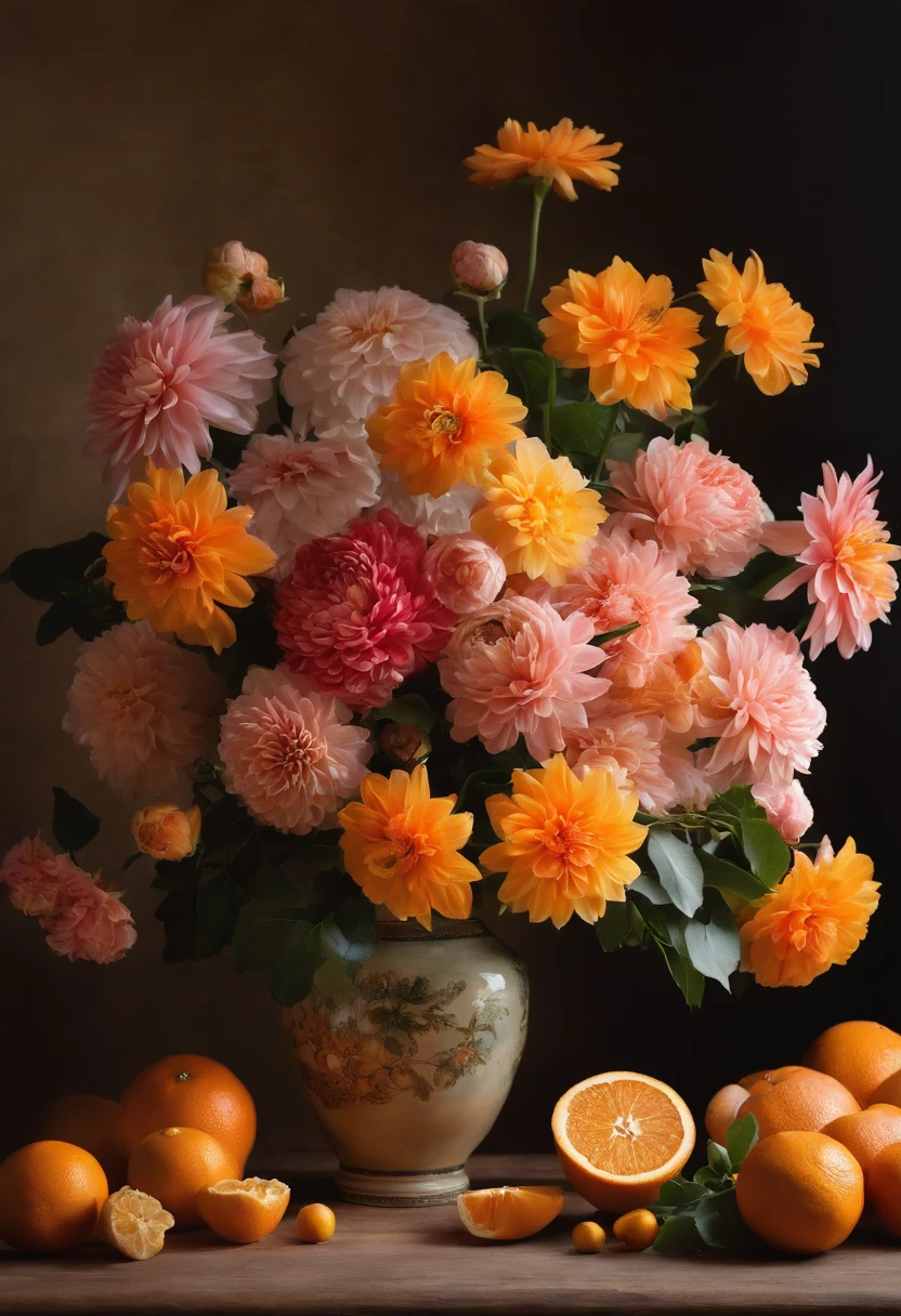 There is a vase on the table,It is covered with flowers and oranges, a pastel inspired by François Boquet, unsplash, baroque, Magnificent composition, dahlia flower, paper chrysanthemums, floating bouquets, Magical flowers, realistic flowers oil painting, soft and intricate, glorious composition, the platonic ideal of flowers, Beautiful composition, Still life photography, pink yellow flowers