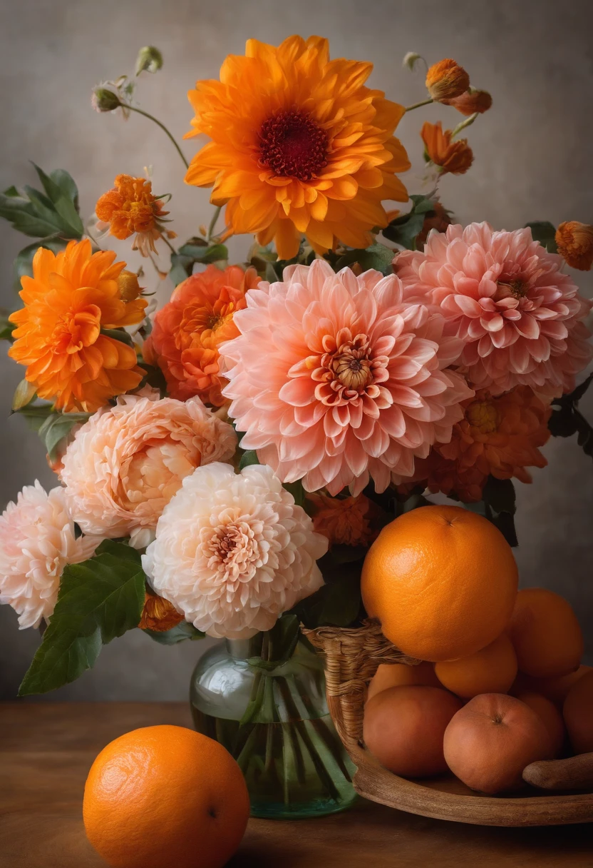 There is a vase on the table,It is covered with flowers and oranges, a pastel inspired by François Boquet, unsplash, baroque, Magnificent composition, dahlia flower, paper chrysanthemums, floating bouquets, Magical flowers, realistic flowers oil painting, soft and intricate, glorious composition, the platonic ideal of flowers, Beautiful composition, Still life photography, pink yellow flowers