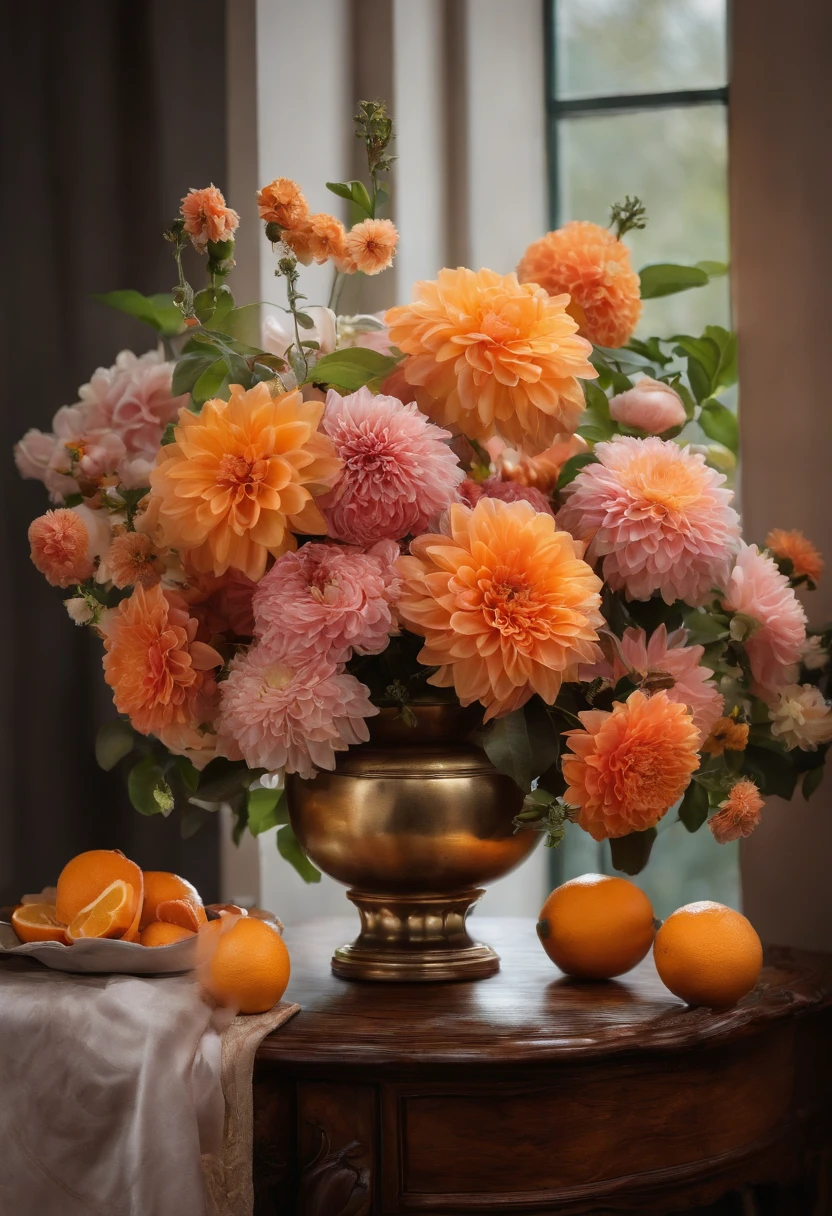 There is a vase on the table，It is covered with flowers and oranges, a pastel inspired by François Boquet, unsplash, baroque, Magnificent composition, dahlia flower, paper chrysanthemums, floating bouquets, Magical flowers, realistic flowers oil painting, soft and intricate, glorious composition, the platonic ideal of flowers, Beautiful composition, Still life photography, pink yellow flowers