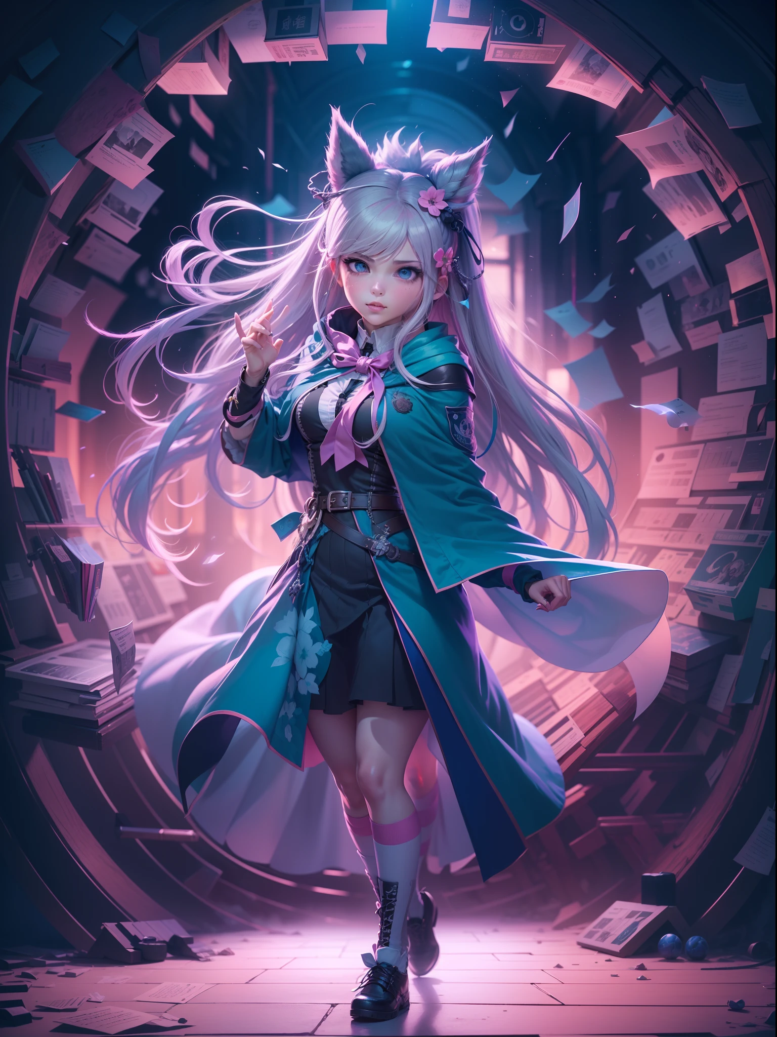 Mioda Ibuki /(Danganronpa/), bank ultra-detailed, masterpiece, illustration, 8k, masterpiece, realistic shadows, wind, gradient, volumetric lighting, cute, ambient lighting, colorful, glowing particles, beautiful detailed eyes 1girl, solo, (original outfit), dungeon background, blue and pink mage outfit, cloak, magic, fantasy