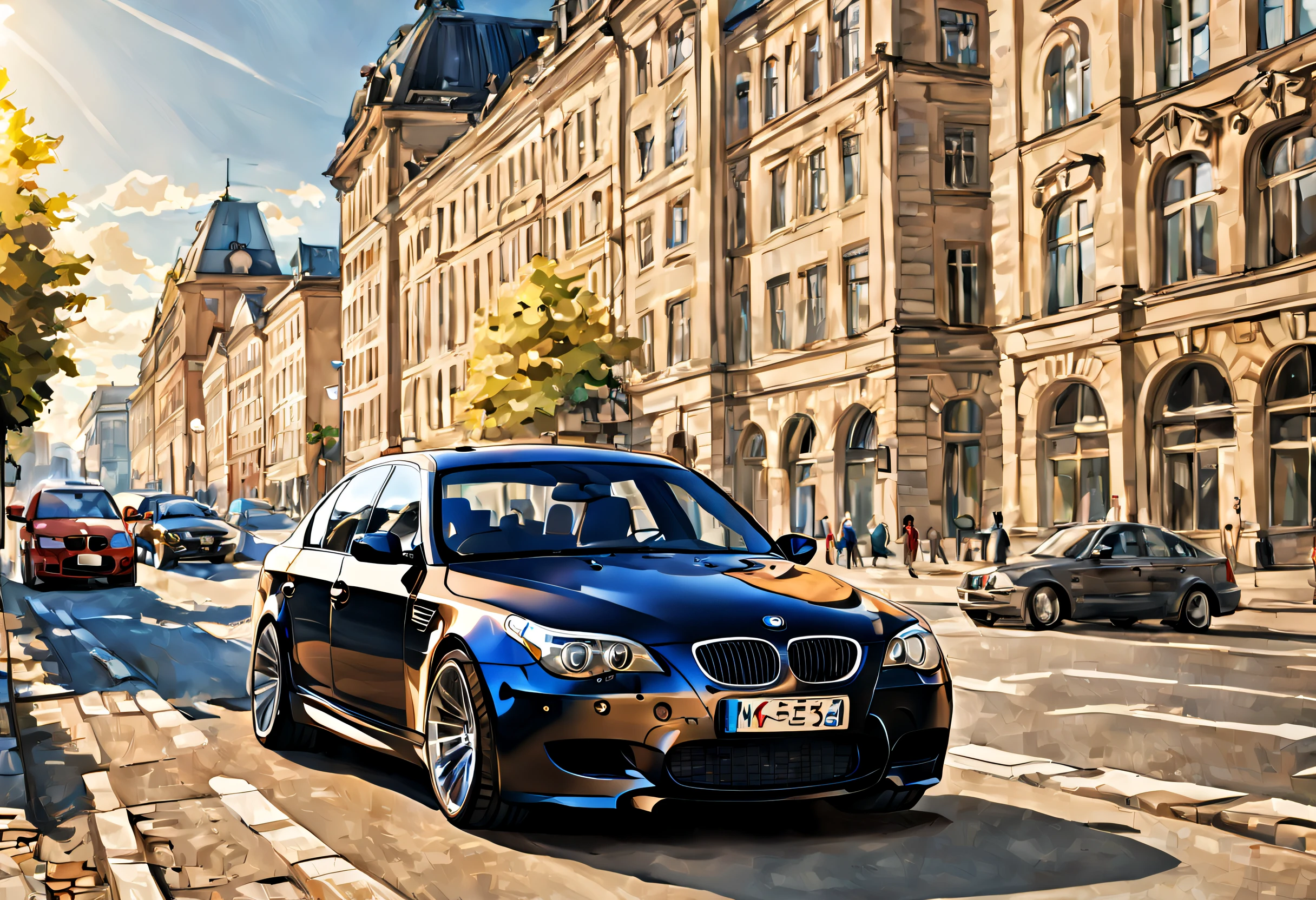 A Bmw m5 e60,in Berlin,sunshine,manga style,realistic,distant view