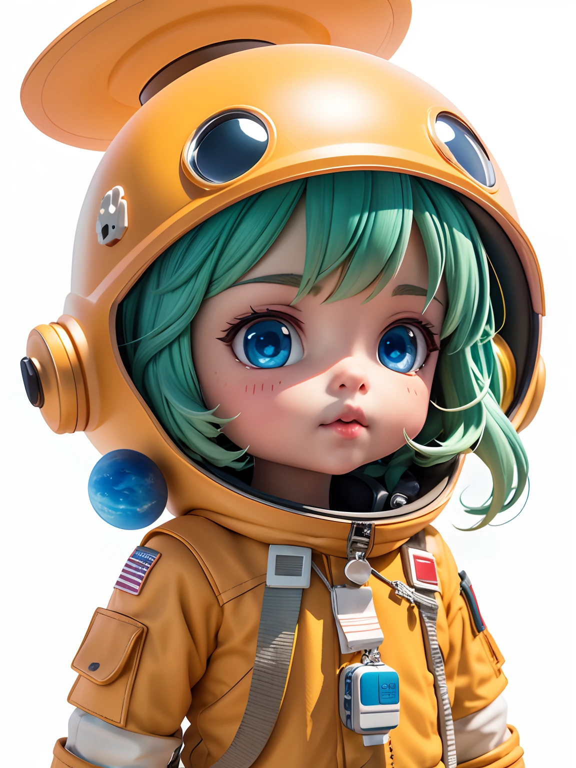 There is a little doll with helmet and helmet,lovely digital painting,Anime style 3D,Super detailed rendering,Cute 3d rendering,little astronaut looking up,Portrait anime space cadet boy,Cute 3d anime boy rendering,Cute detailed digital art,Male explorer mini cute boy,Stylized 3D rendering,3D Rendering Character Art 8K,