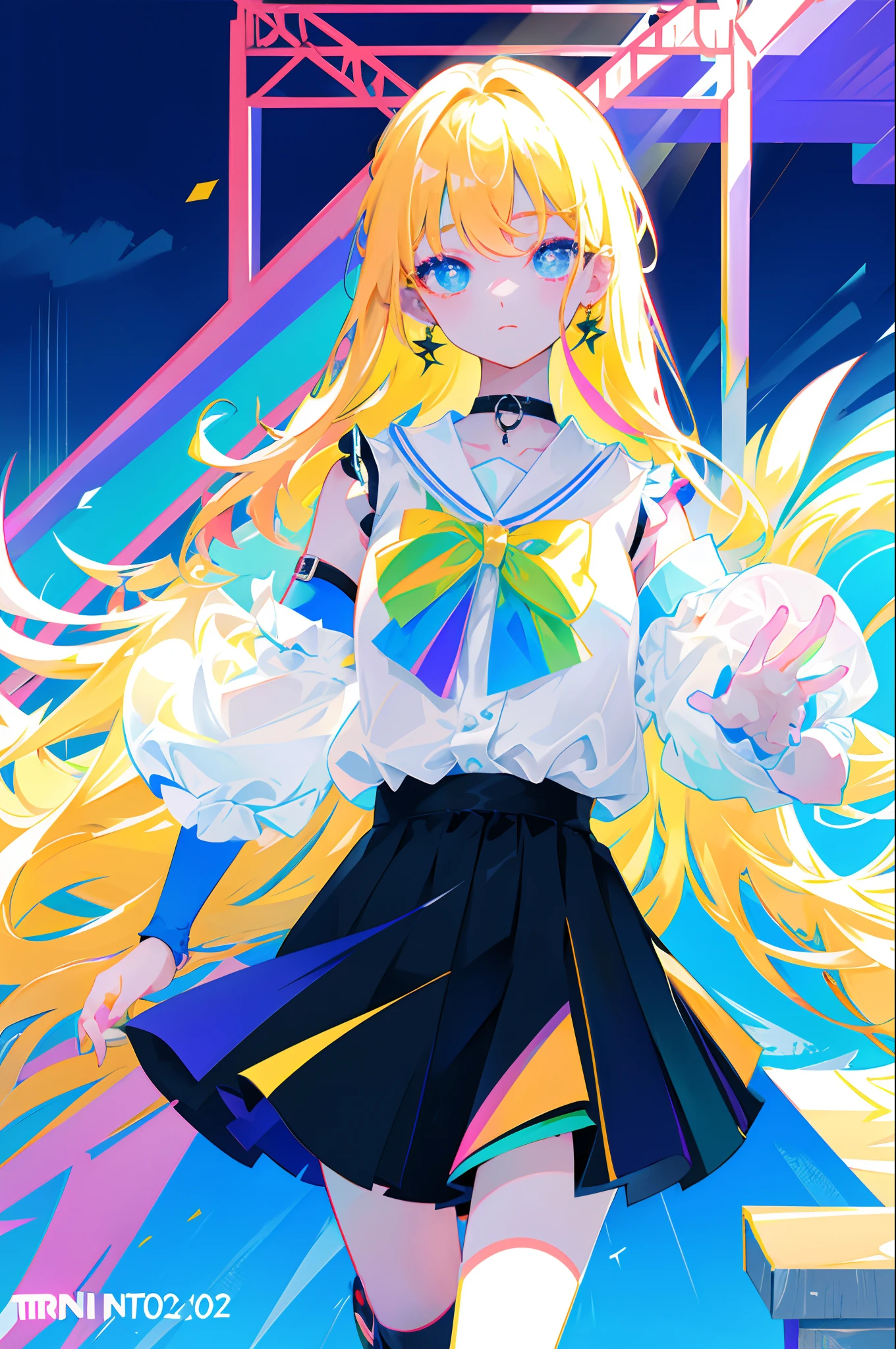 Rainbow on background、Irridescent color、colourfull、top-quality、超A high resolution、(Photorealsitic:1.4)、Female 1 Person、Sleeveless white buttoned shirt、Black skirt、Black Choker、cute little、(Kpop Idle)、(attractiveness:1)、(Platinum Blonde Hair:1)、((Puffy eyes))、Look at the viewer、full body Esbian、Facing the front