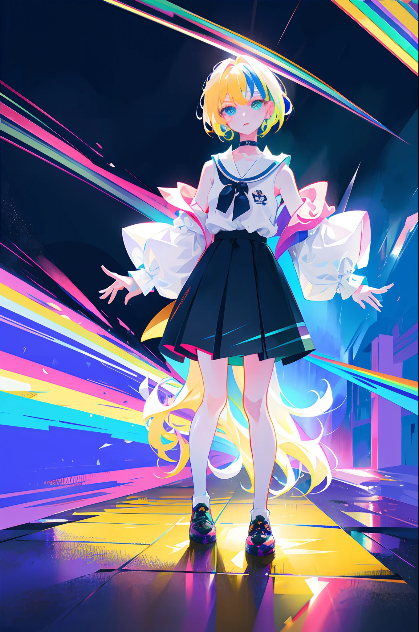 Rainbow on background、Irridescent color、colourfull、top-quality、超A high resolution、(Photorealsitic:1.4)、Female 1 Person、Sleeveless white buttoned shirt、Black skirt、Black Choker、cute little、(Kpop Idle)、(attractiveness:1)、(Platinum Blonde Hair:1)、((Puffy eyes))、Look at the viewer、full body Esbian、Facing the front