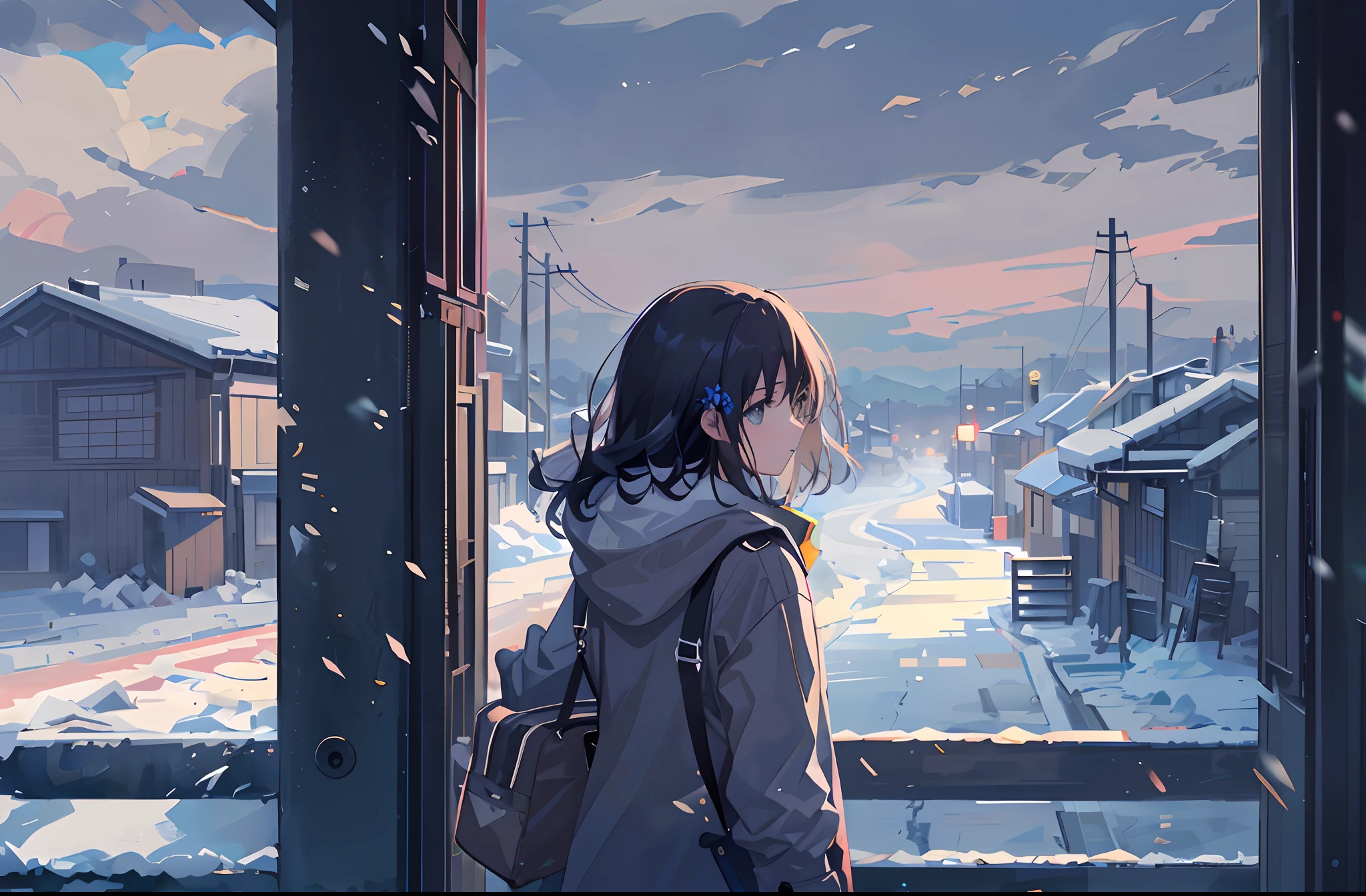 A girl stared at the sky in the distance、Alone、cabelos preto e longos、Gray luggage jacket、Check the muffler、shorter pants、Black tights、Long boots、low angles、from rear、shadowy、Snowscape、Oyuki、diamond dust、Snow Country、zori、top-quality、tmasterpiece、clouds、Sad atmosphere、Looks like you're about to cry、Makoto Shinkai's style