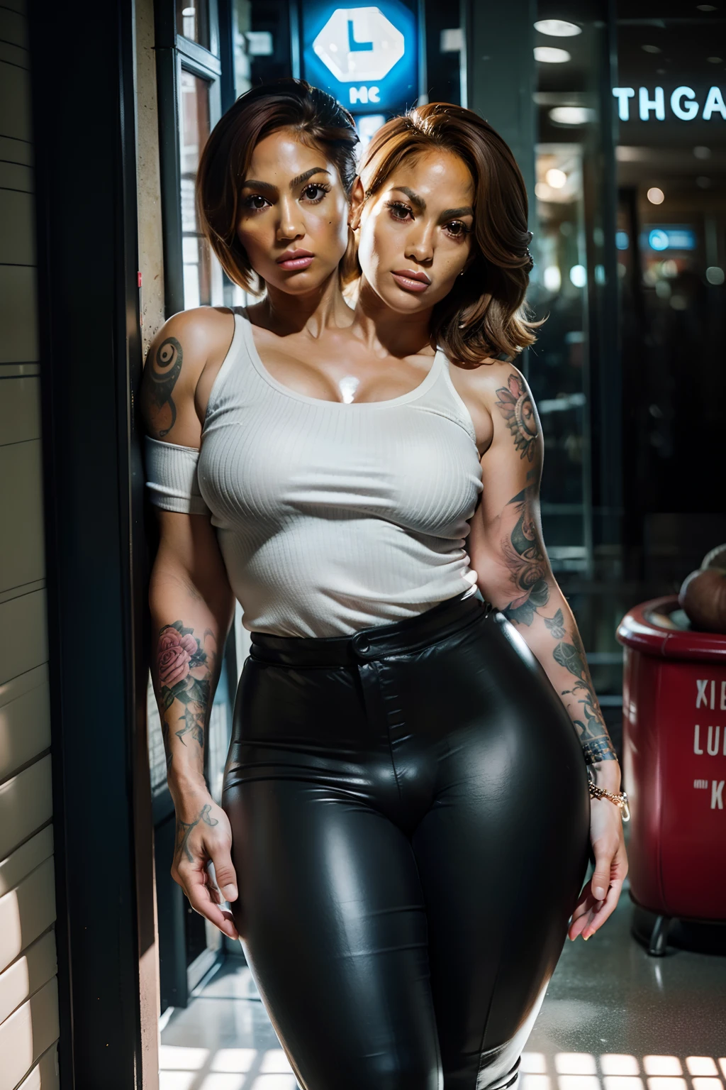 (2heads), 1man, feminine face, no body hair, no facial hair, large brown eyes, face like Jennifer lopez, light colored skin, detailed eyes, very big sexy eyelashes, thick pink lips, short shoulder length brown hair, black hair, big wide shoulders, flabby arms,tattooed arms, tattooed forearms, black pique buttoned tucked in polo shirt, 40 years old, ((very wide hips)), ((wide torso)), (thicc)), (((thick thighs))), tight white leather pants, ((very large butt)), looking at viewer, inside a blockbuster video store with neon signs on walls, photography, realistic,(((((big bulge in pants))))), apple bottomed