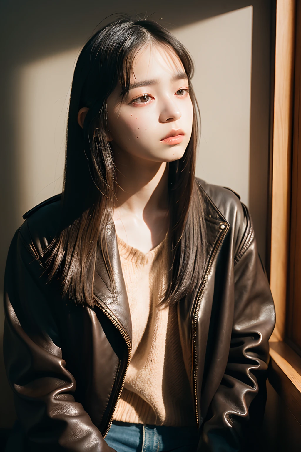 top-quality, ​masterpiece, 超A high resolution, (Photorealsitic:1.4), Raw foto, 1girl, a closeup, in a coffee shop, deep-shadows, Dark theme, sitting on, length hair, Naked leather jacket