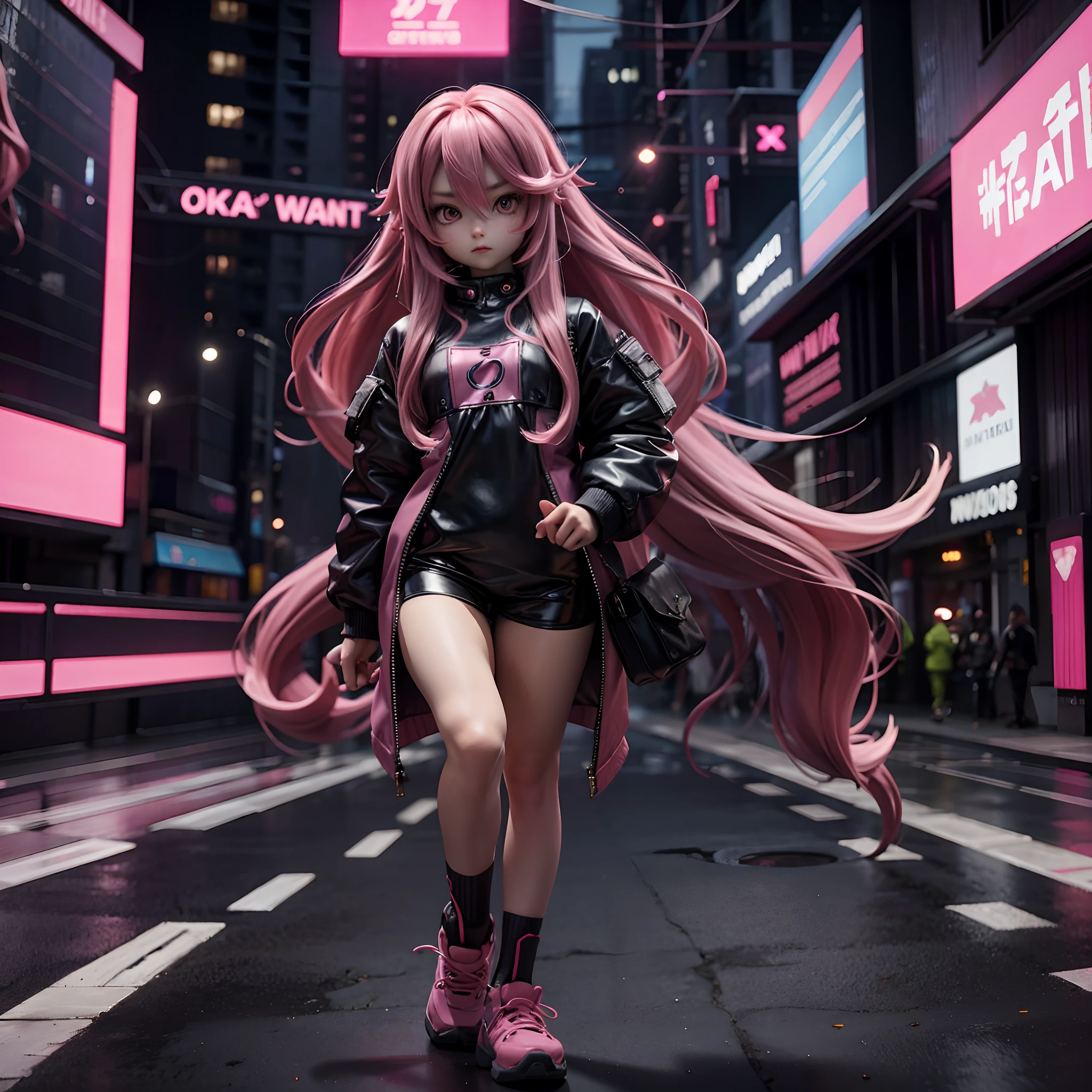 Girl with long pink hair、ninjartist、Walking through the Cyber City、Long pants