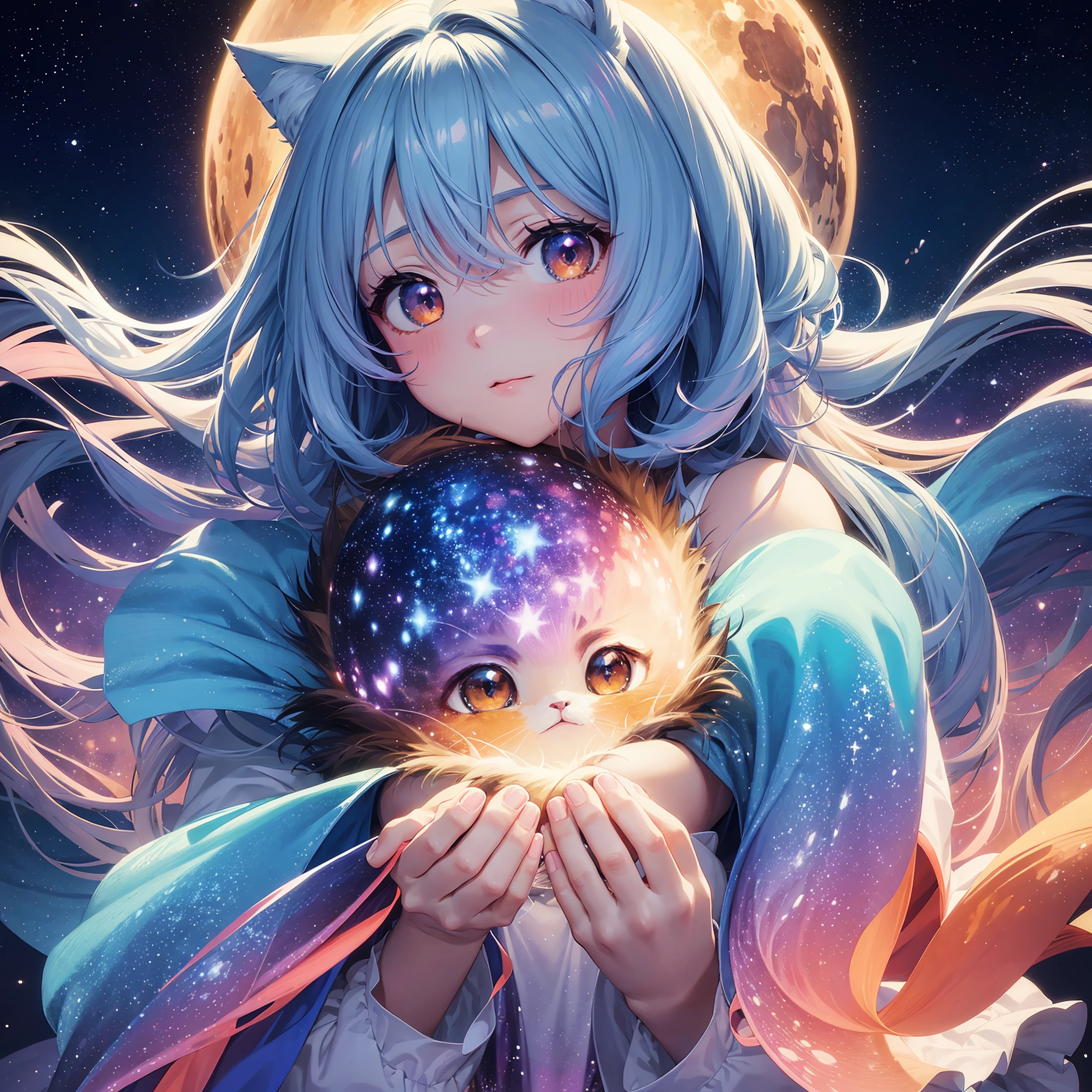 (anime,illustration,adorable:1.1,colorful:1.2),fluffy cat-like alien creature,(best quality,highres,ultra-detailed),a girl captured,wide-eyed and innocent,(realistic,photorealistic),cosmic background,enchanting atmosphere,sparkling starry sky,vibrant colors,gentle lighting,unexpected encounter,playful curiosity,endearing expressions,dreamlike scenario,extraterrestrial adventure,soft fur texture,captivating composition,expressive eyes,otherworldly charm.