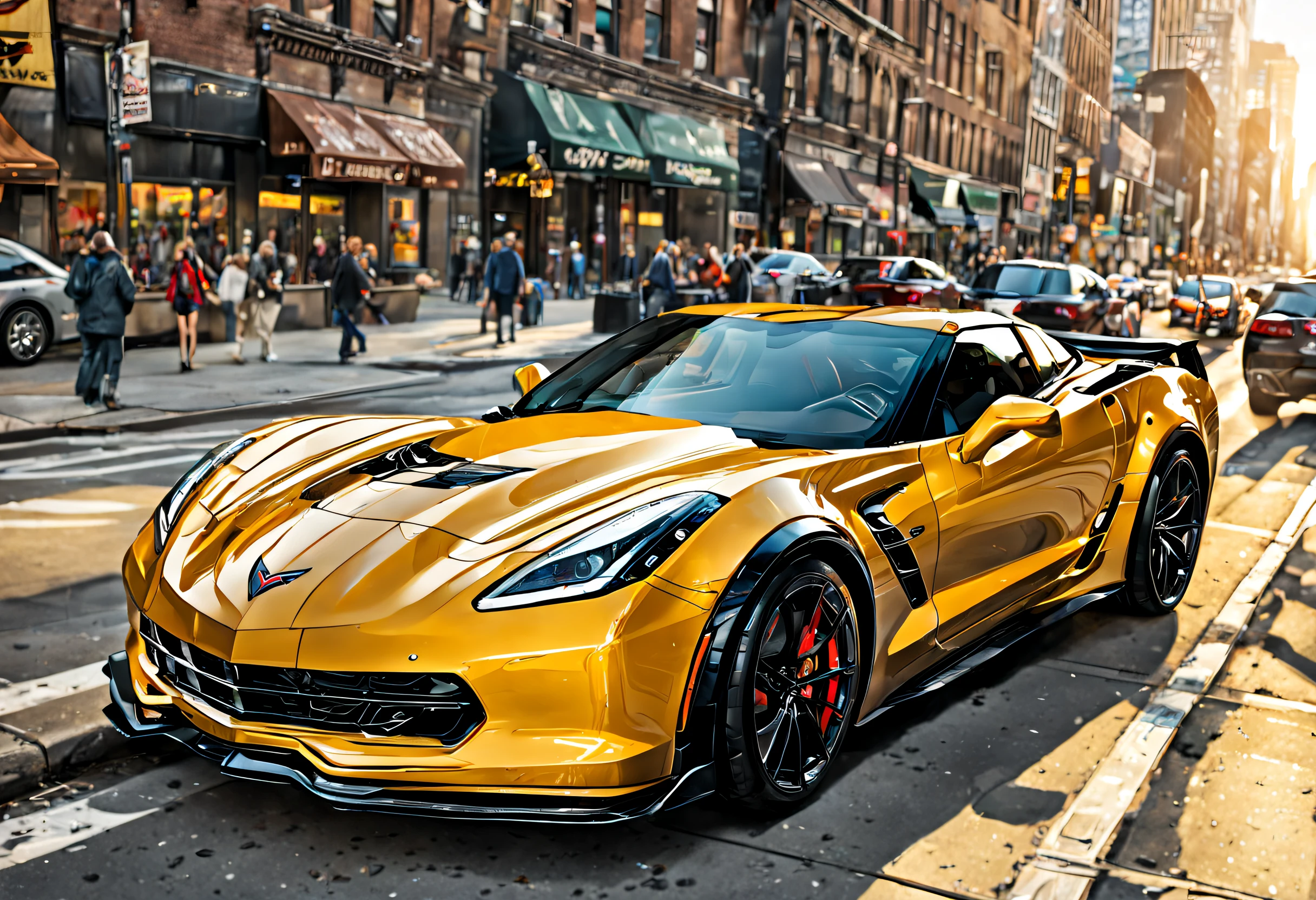 Corvette c6 z06, in New York, sunshine, manga style, realistic, distant view