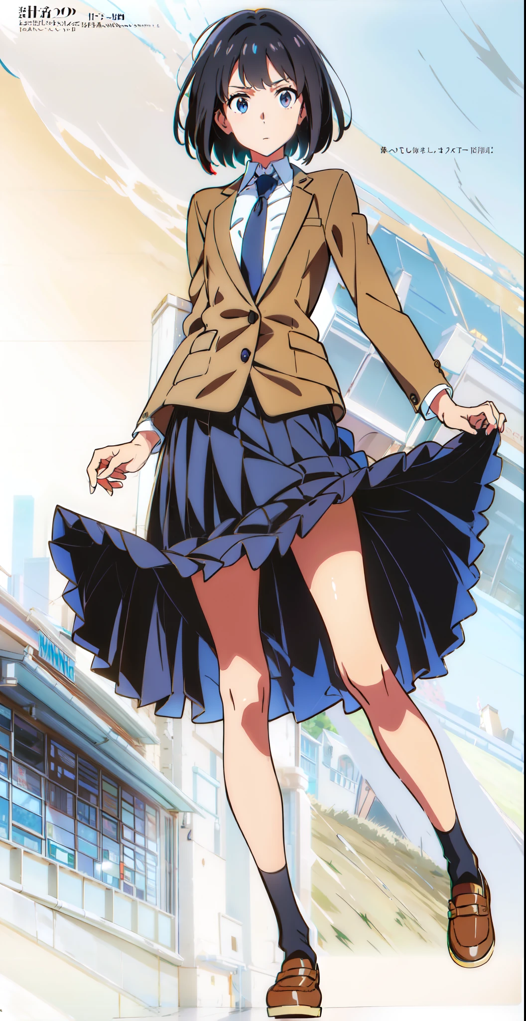 (dynamic pose:1.5), (wind:1.5), (anime:1.0), (official art:1.0), (white background:1.0), (best quality:1.0), (masterpiece:1.0), (solo:1.0), (a 18yo cute girl:1.0), (long skirt:1.0), (dark blue skirt:1.0), (pleated skirt:1.0), (school uniform beige blazer:1.0), (dark blue necktie:1.0), (black socks:1.0), (loafers:1.0), (ideal ratio body proportions:1.0), (lanky:1.0), (tall:1.0), (slender:1.0), (small breasts:1.0), (smaller face:1.0), (tareme:1.0), (detailed beautiful eyes:1.0), (detailed beautiful face:1.0), (glowing black eyes:1.0), (bob cut hair:1.0), (black hair:1.0)