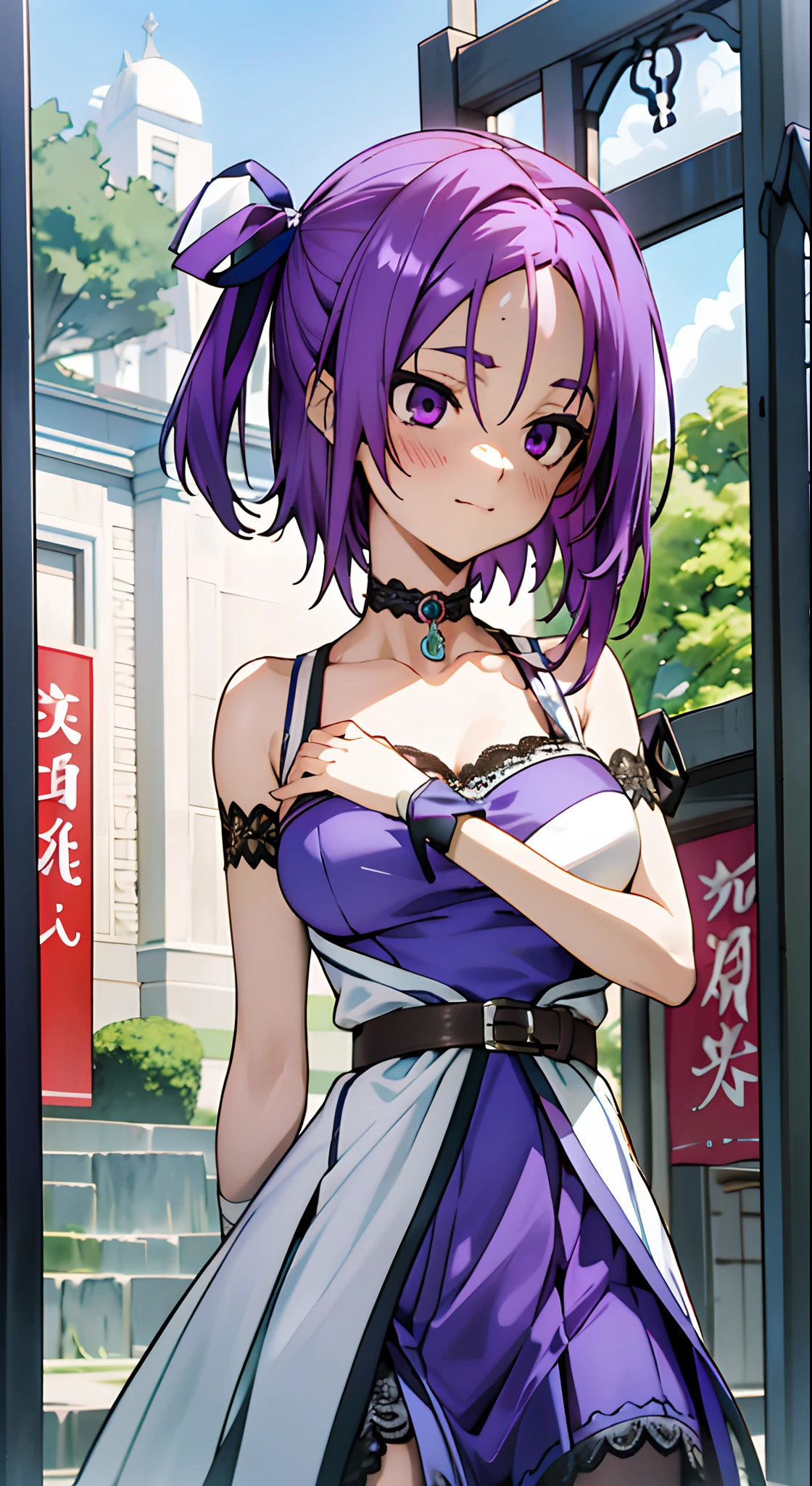 masutepiece, Best Quality, Ultra-detailed, Arm bandage, Bandage arm, Bandaged hand, Colorful,Up-close, Hyper-detailing,purple color hair, , Ultra-realistic hair quality, Vibrant colors, Beautiful long hair, shoulder-length hair, Shiny hair, detailed hairs, Hair Ribbon, Single-sided up, bow ribbon, Reo Mikage, Blue Lock, no sleeves, Sleeveless, Open shoulders, Cinderella, Panniers and Cinderella, Cinderella Dresses, Lace dress, long-one-piece dress, White tights and leggings, leggins, Lace Tights, Bare legged, Sandals, Brown sandals, gladiator sandals, Chest exposure, Lace underwear, Metamorphosis is exposed, Choker, Black Choker, complete fingers, Five Fingers, Two arms, Two hands, Sexy breasts, Scar, Big breasts, red blush, 1girl in, Solo, Sharp face, Heterochromia, Green eyes, Purple eyes, Bare neck, Happy face, rays of sunshine, Brave Sky, shining sky, Village of Shanghai, Slums, chains