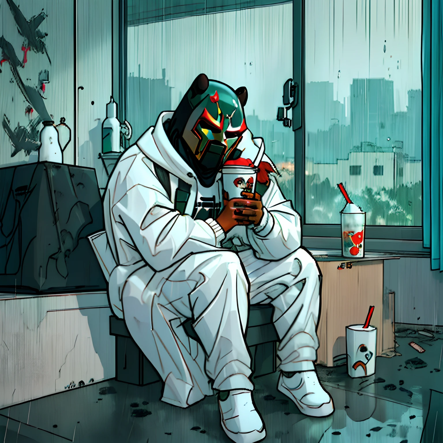 MF DOOM sitting in his room in the rain behind the window and holding a styrofoam cup tilted in it and looking sad