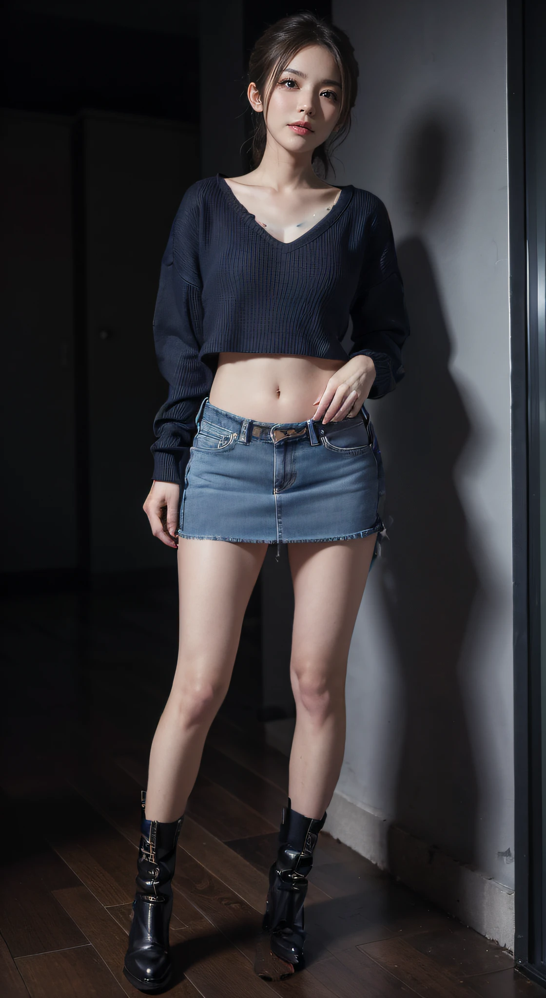 Sweaters、Denim Mini Skirt、full body Esbian、frontage、A slender、(masuter piece:1.3)、(8K、Photorealsitic、Raw photography、top-quality: 1.4)、(real looking skin)、Beautiful skins、(Sweaters)、absurderes、enticing、超A high resolution、A hyper-realistic、high-detail、the golden ratio、((wide open abdomen))、((open abdomen))、((wide open navel))、((open navel))、((Bare belly))、((Wide open hip bones))、((Open hip bones))、((Bare hip bones))、((Mid-Riff Sweater))、((Mid-Riff Sweater))、((Ultra-low rise、Denim Mini Skirt))、 ((Navel Ejection))、((small hips))、((long limbs))、((Full body depiction))、((small hip))、(long boots)、((Ultra-low rise))、((Denim Mini Skirt))、((is standing))、 ((wide open abdomen))、((open abdomen))、((wide open navel))、((open navel))、((Bare belly))、((Mid-Riff Sweater))、((Ultra-low rise、Denim Mini Skirt))、 ((Navel Ejection))、((small hips))、((Full body depiction))、((small hip))、(boots)、((Ultra-low rise))、((Denim Mini Skirt))、((is standing))、
