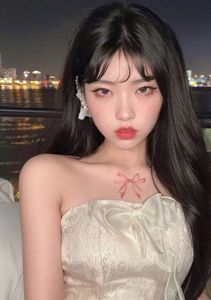 mulher arafed com cabelo preto longo e um vestido branco, cruel korean goth girl, com olhos vermelhos brilhantes, Ulzzang, faint red lips, olhos vermelhos e um rosto magro, com olhos vermelhos brilhantes, pale porcelain white skin, de taiwanesa com tatuagens, branco hime corte penteado, pale round face, pale snow white skin, goth girl aesthetic, meninana