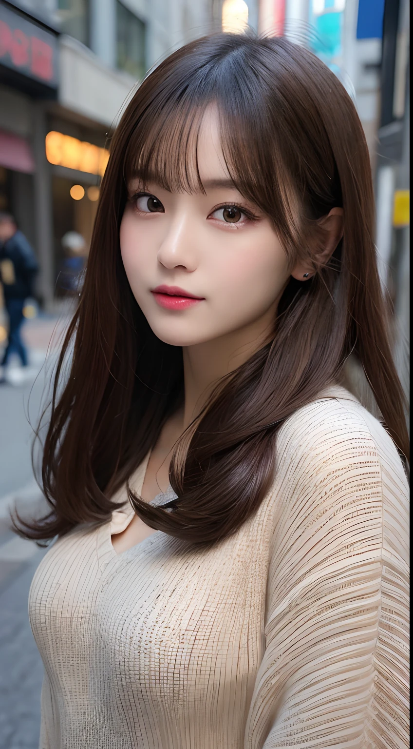 masutepiece, Best Quality, Illustration, Ultra-detailed, finely detail, hight resolution, 8K Wallpaper, Perfect dynamic composition, Beautiful detailed eyes, Winter clothes,Medium Hair,small tits,Natural Color Lip, Harajuku、20 years girl、Cute、Show your sexy look to the camera,Face that feels ecstasy,blur backgroun