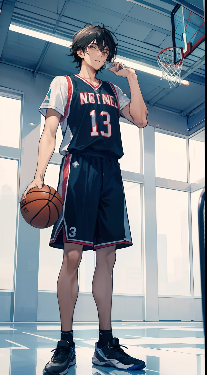 ((masterpiece, best quality, more detail)), ((1man)), a man 22 years old with messy, black hair wearing a sports uniform is standing at the basketball hall with holding a paper, number 13 , looking upward , anime