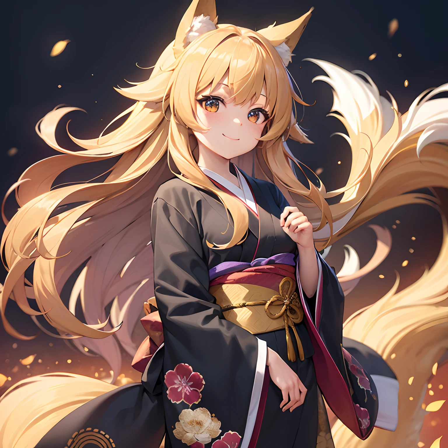 masutepiece,8K,ultra-detailliert,Illustration, Golden Fox、Lots of Tails、Golden Eyes、length hair、Golden hair、a large amount of hair、(1 girl in, Girl,Chiquita),Traditional kimono,Black kimono,a lot of big fox tails、(Golden Eyes、Fox ears、length hair、Golden hair,Hair flowing in the wind),Beautiful face、A smile,a large amount of hair、Thick kimono、Black kimono、Plum floral pattern、Overlapping kimonos,kawaii,Black background