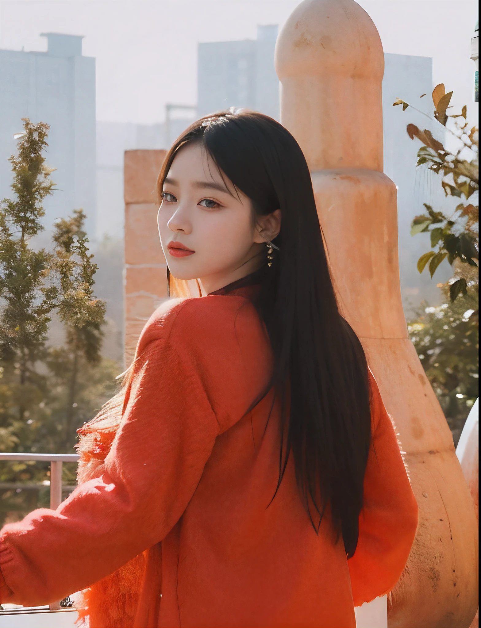 The long-haired woman leaned against the railing,With his eyes closed, bae suzy, On a sunny day, krystal, portrait jisoo blackpink, hot with shining sun, girl wears a red dress, shot at golden hour, Wearing a red cheongsam, Portrait shooting, photoshoot, Album art, ulzzangs, jisoo of blackpink, red velvet, jisoo from blackpink,Open,largeeyes,Open,Open,Wide eyes