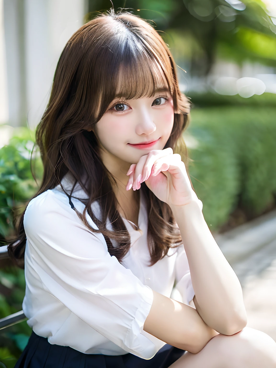 hight resolution,masutepiece,Best Quality,Extremely detailed, hyper realisitic, girl with, sitting, Put your hands on your knees, hair wavy, a smile, Black pleats skirt, white oversize shirt,Avert your eyes, Very beautiful,cute, 8K Wallpaper, Fine detail, Very detailed 8k wallpaper