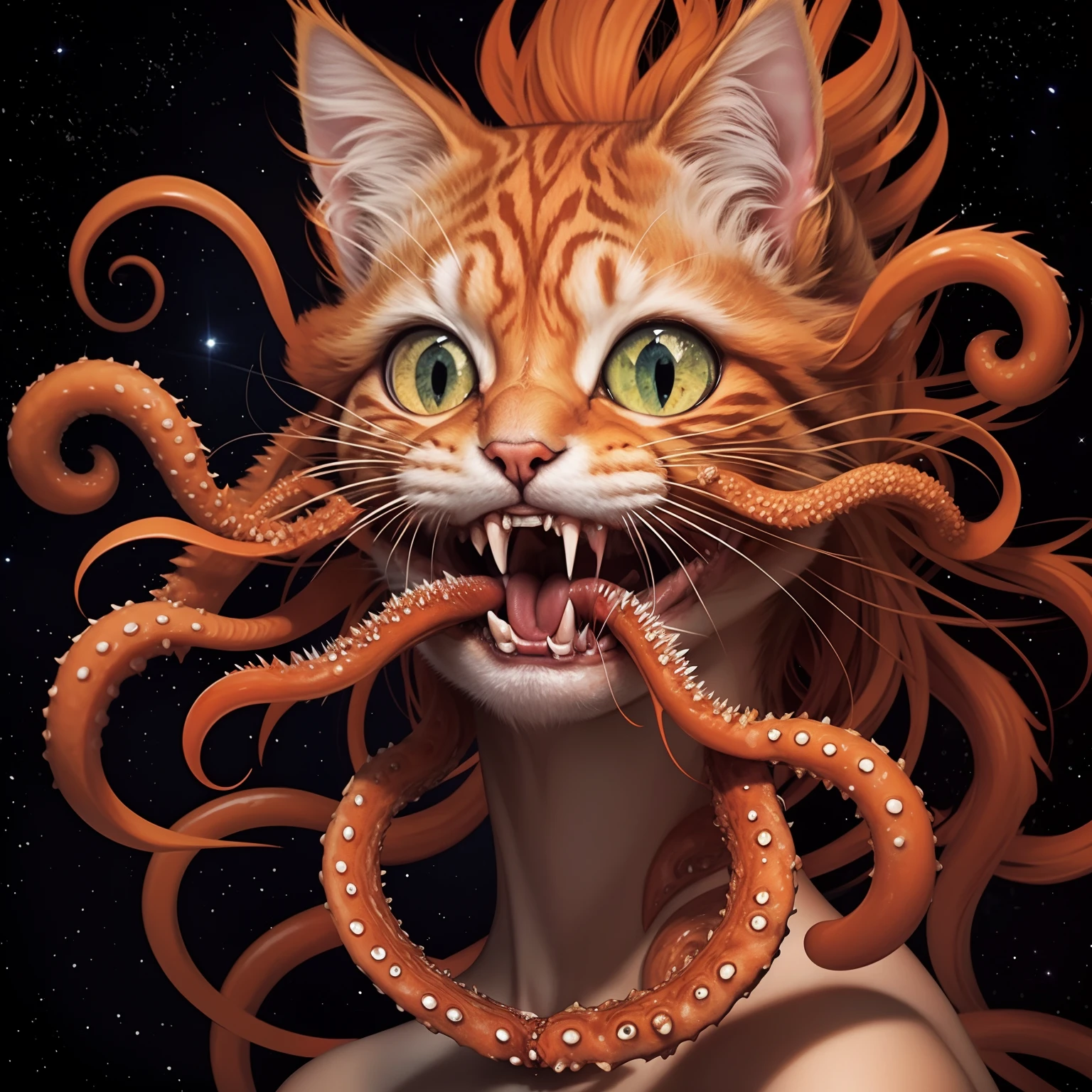 1 orange cat, head shot, concept art, abstract art, surrealism, fusion of cat and universe, universe seen through skin, open mouth, tongue out, teeth, tentacles