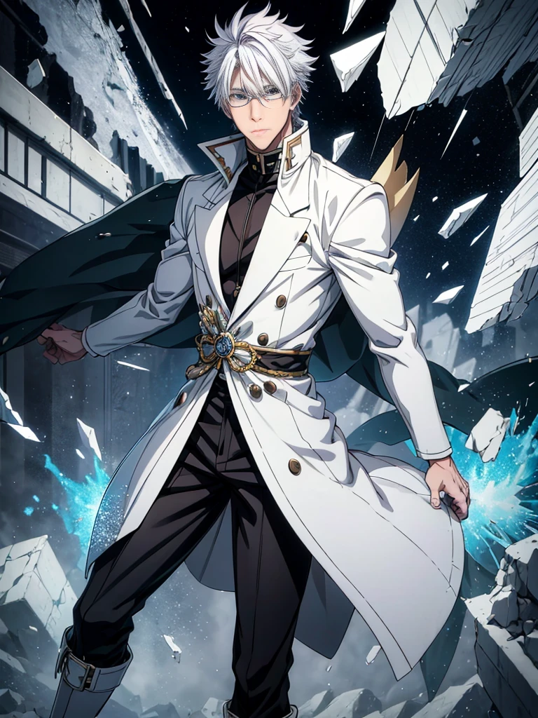 White-haired anime boy, Beautiful, Satoru Gojo of the fashion, Tall, Muscular, Wearing a thick black ripped jacket, The collar covers the mouth, High military boots, warrior, battlefield, Magic effects, The strongest guy, Broken glass effect, Broken space, White glasses, Short hair Satoru Gojo style, short length bangs