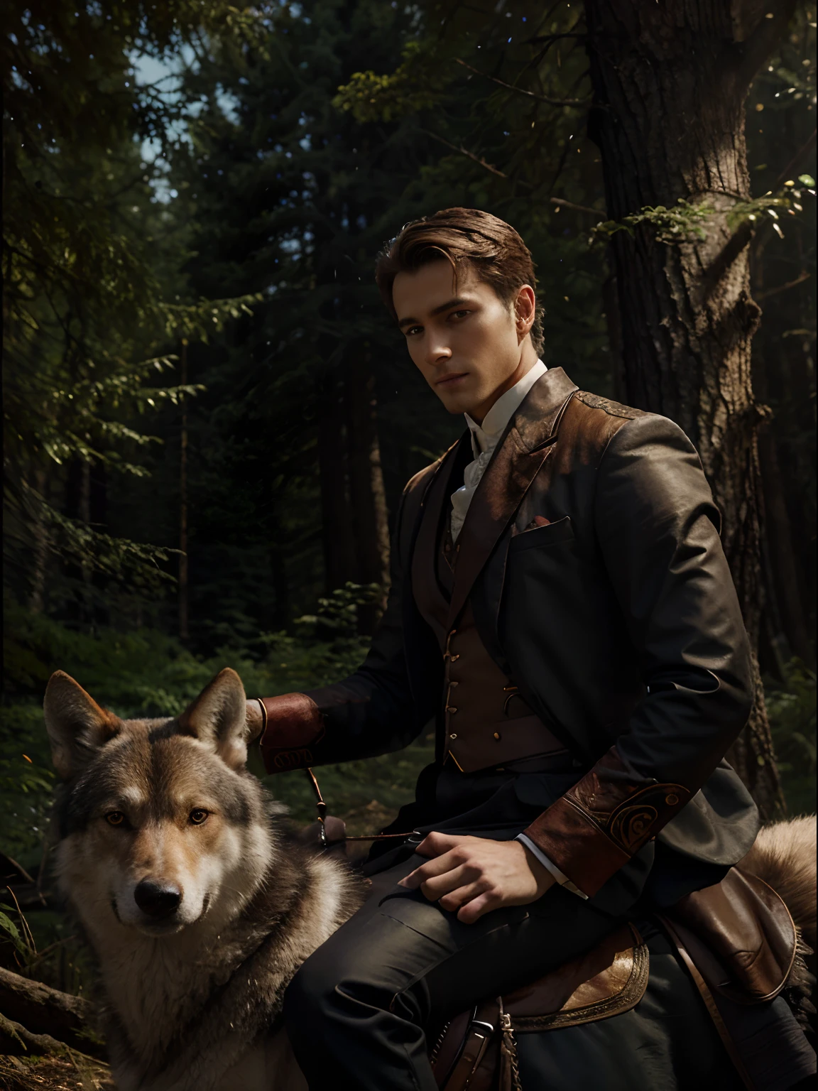 Close-up, side view, fine detail. Oil painting style. Bright colors. A handsome young man in the clothes of a queen quickly riding a wolf in the midst of a dark dense forest.