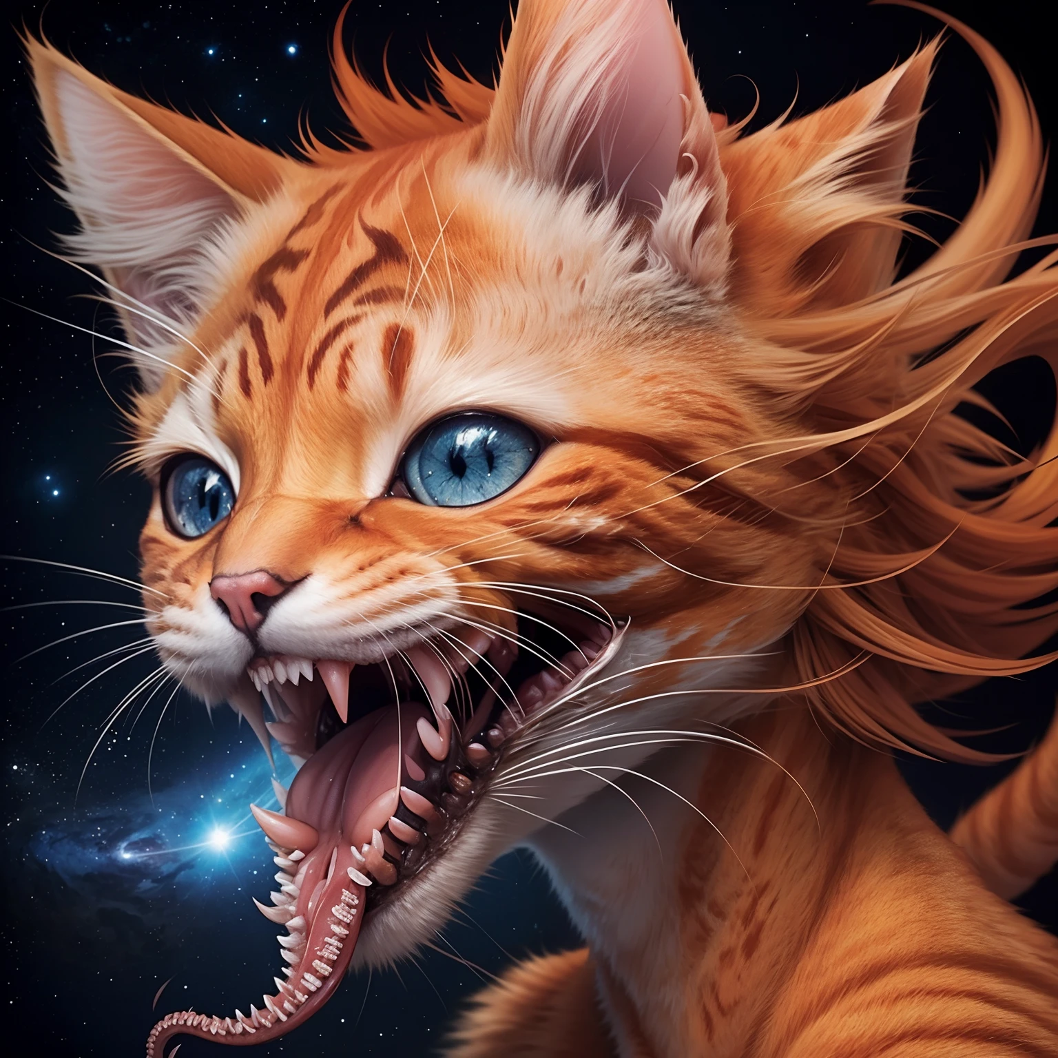 1 orange cat, head shot, concept art, abstract, double exposure, fusion of cat and universe, universe seen through skin, open mouth, dreamlike, tongue out, teeth, tentacles