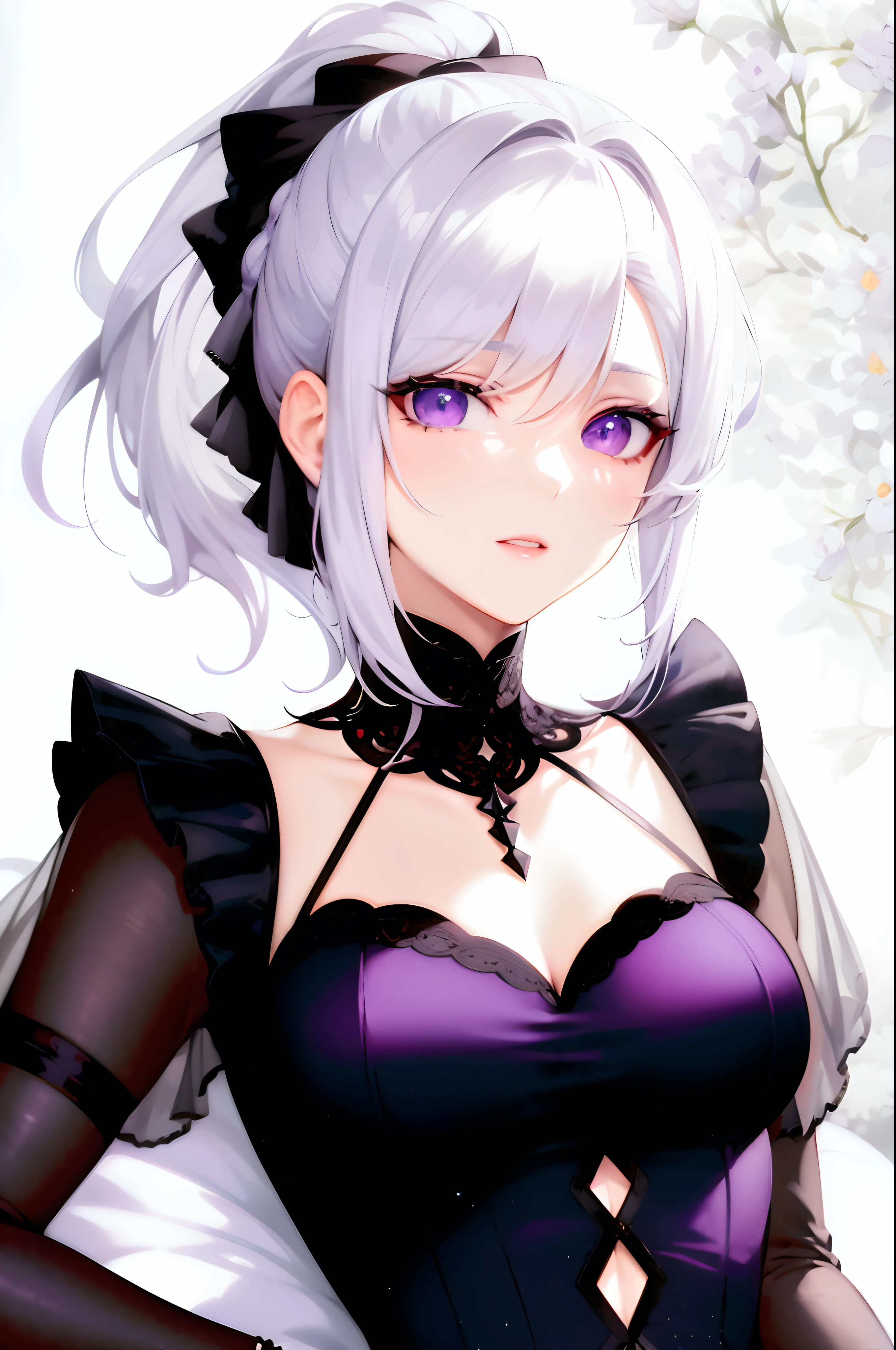 (Highest quality:1.3), (masterpiece:1.3), (figure:1.3), (Very detailed:1.3), One person, (((Large Breasts))), ((((Purple eyes))), (((Gray Hair))), hair ornamentss, expensive, mature, Long Hair, Upper Body, Erect nipples, Black suit, Ascot, Cape, Long sleeve, skirt, Dress August, Hair between the eyes, Purple Flower, View your viewers, hair ornaments, Night Sky, glowing Purple Flower, French Braid, Nice hands, Perfect hands,