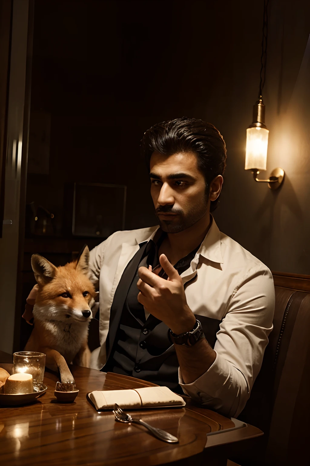 an Iranian guy holding fox in his hand and siting on the mafia table