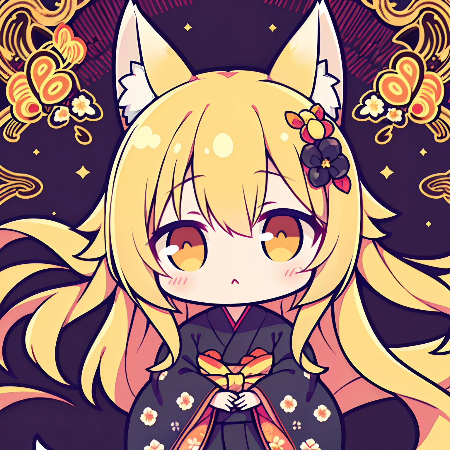 Illustration, Golden Fox、Lots of Tails、Golden Eyes、length hair、Golden hair、a large amount of hair、(1 girl in,Little girl,chiquita),Traditional kimono,Black kimono,a lot of big fox tails、(Golden Eyes、Fox ears、length hair、Golden hair,Hair flowing in the wind),Beautiful face、a large amount of hair、Thick kimono、Black kimono、Plum floral pattern、Overlapping kimonos,Deformed,Chibi Chara,SDIZATION,kawaii,Black background,Don't draw anything on the background,(No text)