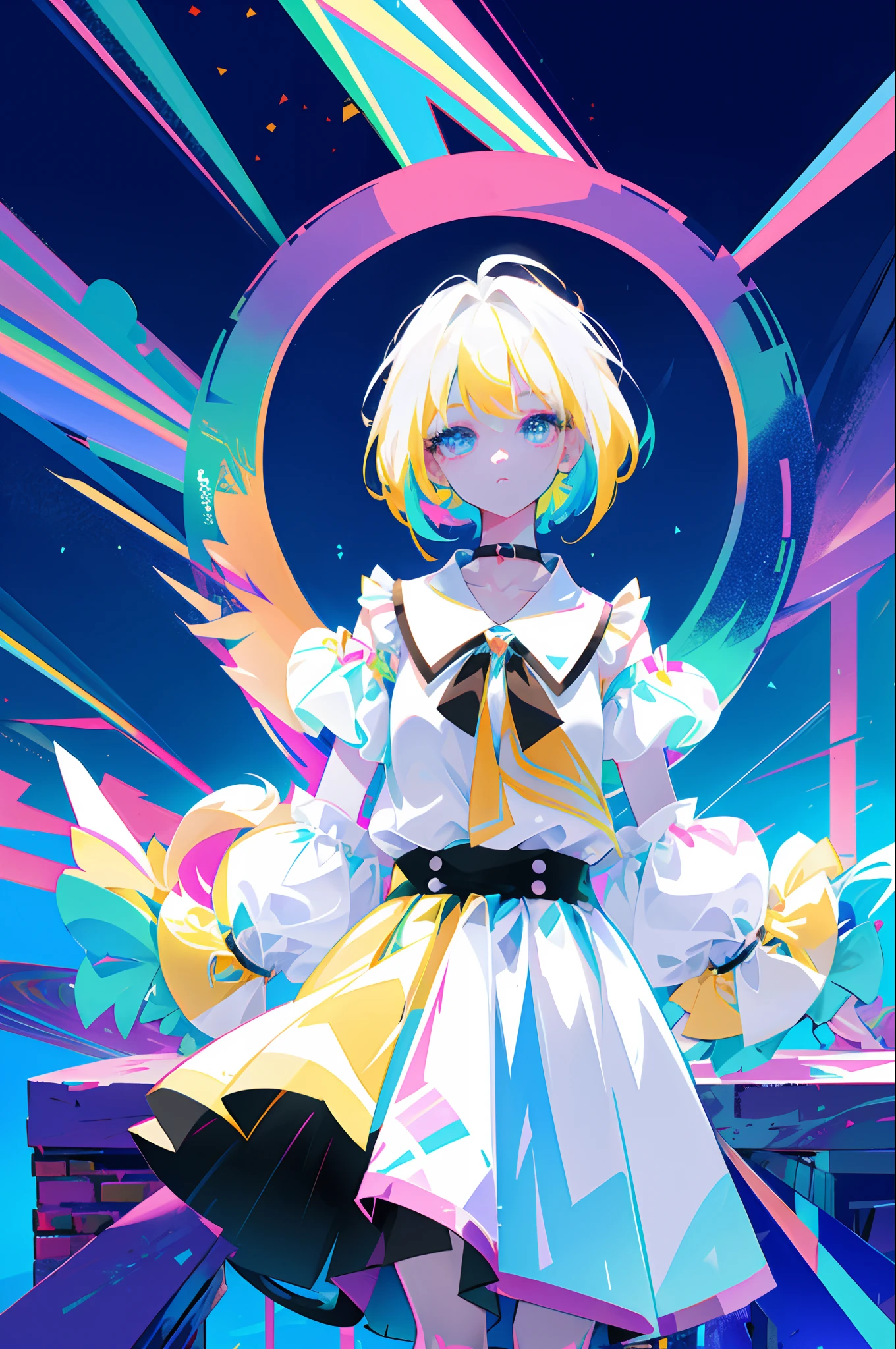 Rainbow on background、Irridescent color、colourfull、top-quality、超A high resolution、(Photorealsitic:1.4)、Female 1 Person、Sleeveless white buttoned shirt、Black skirt、Black Choker、cute little、(Kpop Idle)、(attractiveness:1)、(Platinum Blonde Hair:1)、((Puffy eyes))、Look at the viewer、full body Esbian、Facing the front