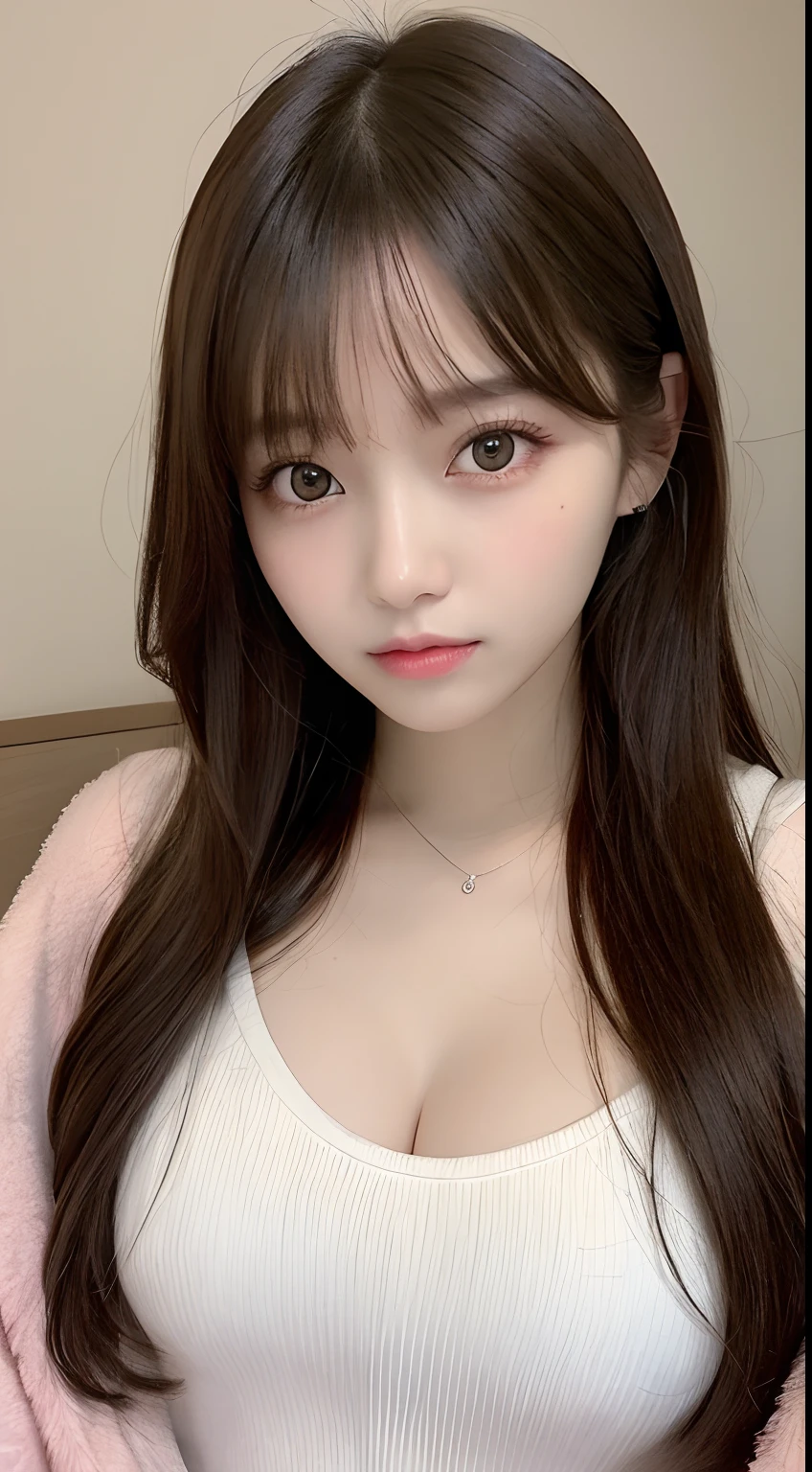 masutepiece, Best Quality, Illustration, Ultra-detailed, finely detail, hight resolution, 8K Wallpaper, Perfect dynamic composition, Beautiful detailed eyes, Wearing fluffy homewear,small tits,Natural Color Lip, kawaii pose,20 years girl、Cute、is looking at the camera,Background blur,KPOP Idol Face,futon bedding(Bet)