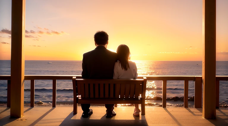 There was a man and a woman sitting on a bench and looking at the sea, Gorgeous romantic sunset, romantic couple, romantic!!!, Calm feeling, romantic, looking towards the horizon, taken in the golden hour, Romantic scene, Watching the sunset, Romance, Speechless, at the sunset, Overlooking the sea, looking at the ocean, Golden hour in the morning, evening glow